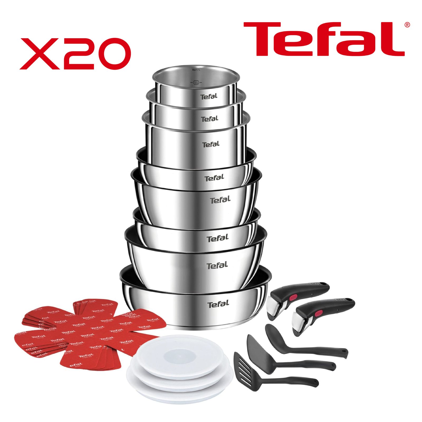 Tefal Ingenio Emotion Batterie de cuisine 20 pièces, Poêles, Casseroles, 2 poignées amovibles, Induction, Revêtement antiadhésif, Empilable, Compatible lave-vaisselle, L897SK04