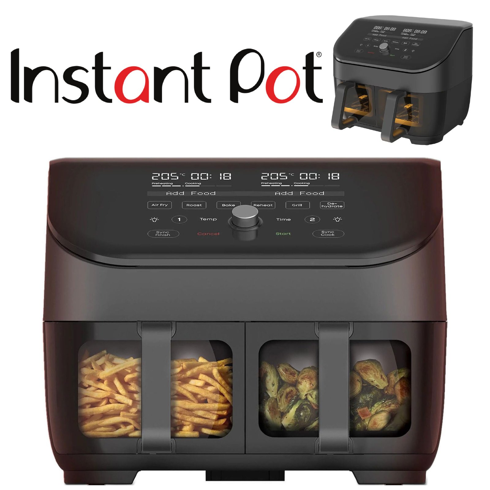 Instant Pot Vortex Plus, Friteuse sans Huile Double Compartiment et Vitre Transparente - 8 Programmes de Cuissons, Friteuse à Air, Pâtisserie, Rôtir, Grill, Séchage, Chauffe-Plat – 7.6L - 1700W