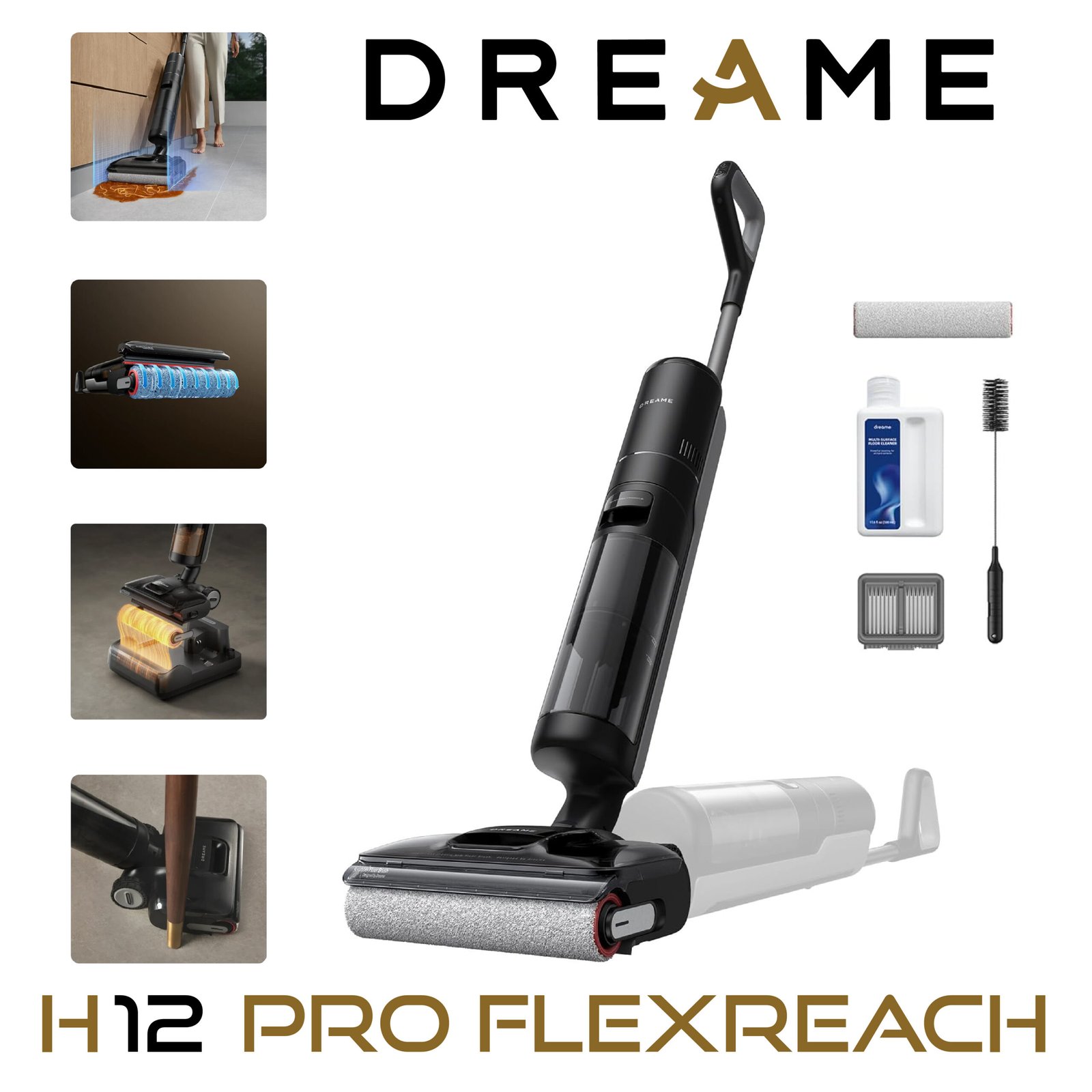 dreame H12 Pro FlexReach Aspirateur Laveur, portée à Plat à 180°, séchage 5 Min, Aspiration 18 000 Pa, Lavage à Chaud à 90 °C, Nettoyage Deux Bords, 50 Minutes de Nettoyage