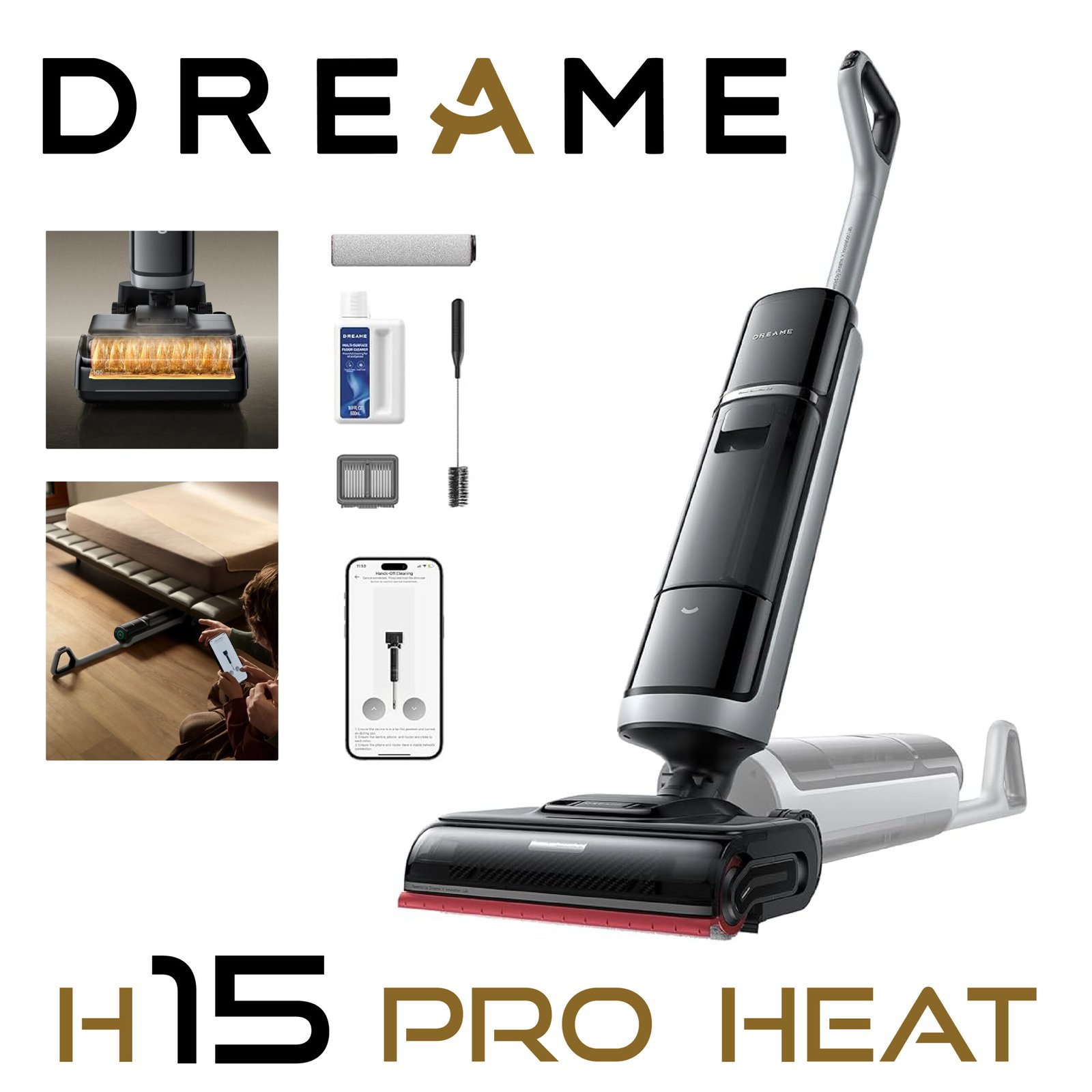 DREAME H15 Pro Heat Aspirateur Laveur, Nettoyage des sols à 85°C, bras robotisé IA GapFree, capteur RVB intelligent, 22 000Pa, 0 nœuds, lavage brosse à 100°C,séchage en 5 min à 90°C,contrôle par appli