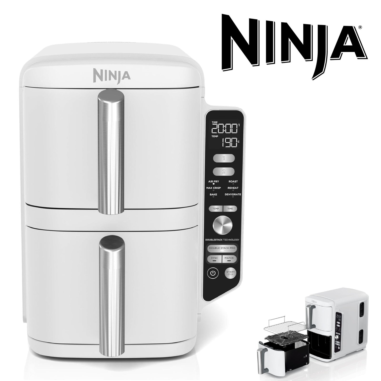 NINJA Double Stack XL Air Fryer, Friteuse sans huile Verticale Double Tiroir 4 Niveaux de Cuisson, 2 Tiroirs, 2 Grilles, Capacité de 9,5 L, 6 Fonctions, 8 Portions, Pinces, Blanc SL400EUWH