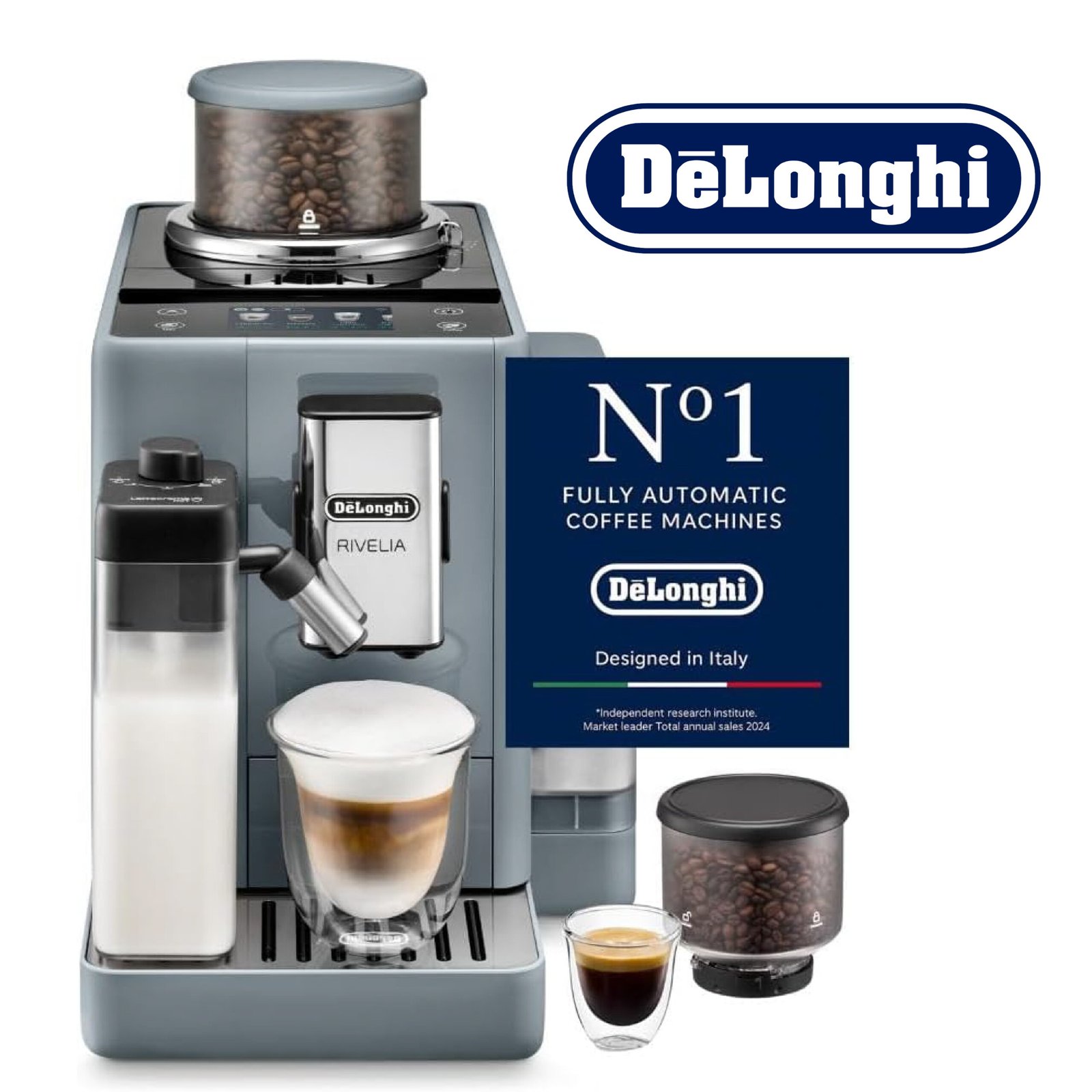 De'Longhi Rivelia EXAM440.55.G, Machine à Café Automatique avec LatteCrema Hot, Mousseur de Lait Automatique, Taille Compacte, 16 Recettes, Écran Tactile