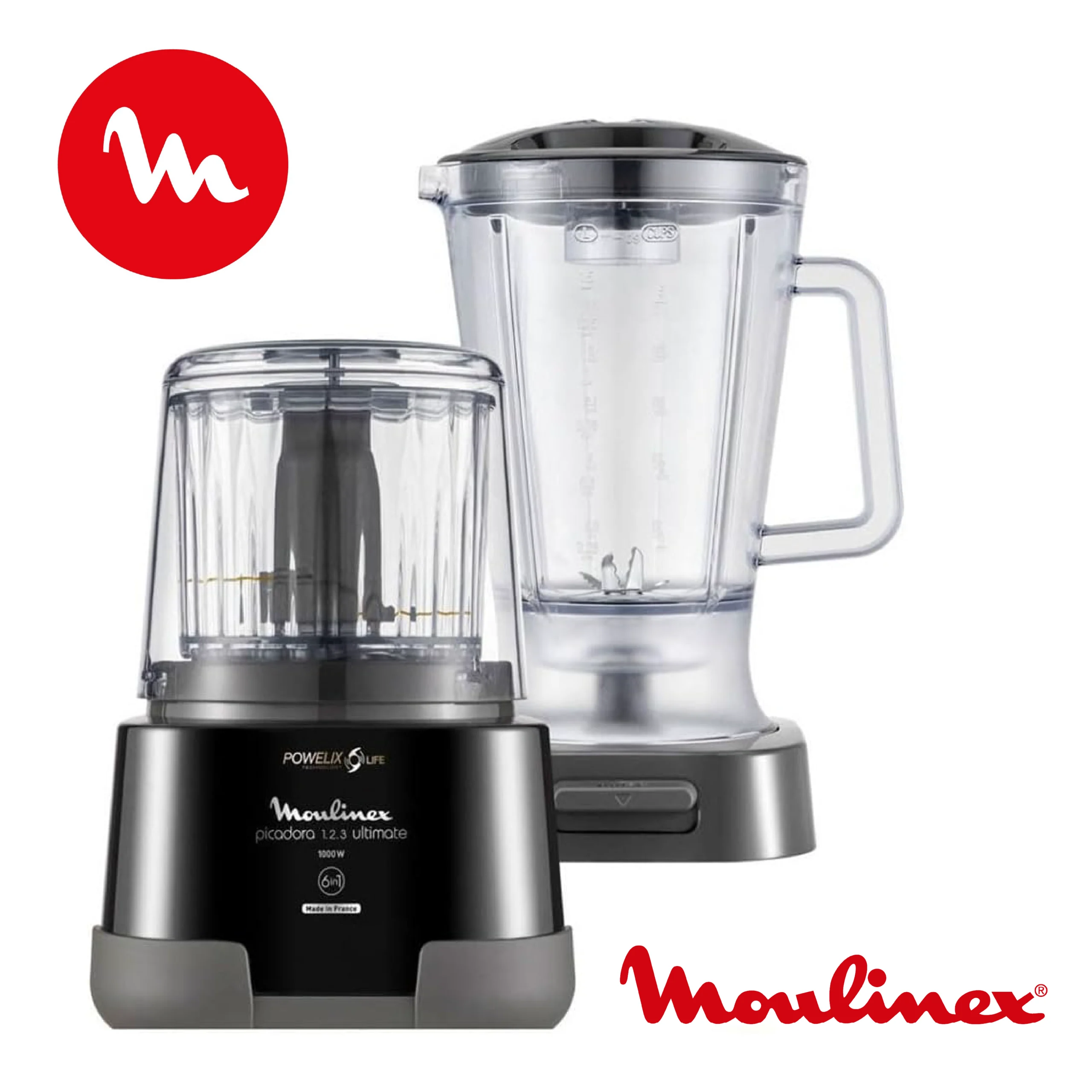 Moulinex 1.2.3 Ultimate ‎DP8158 Hachoir électrique et mixeur avec bol en verre 1000 W Powelix, capacité 350 g/550 ml, revêtement titane noir