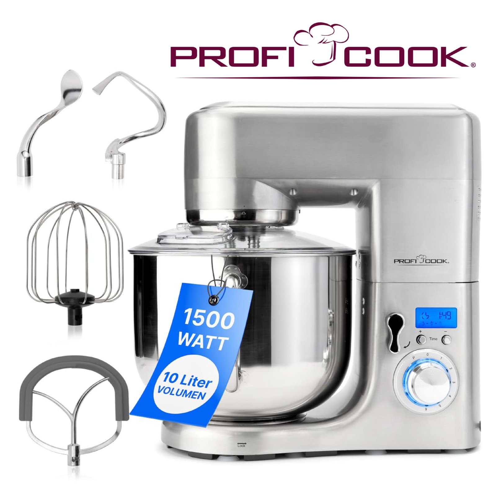 ProfiCook® Robot de cuisine XXXL | Capacité de 10 litres | 6 niveaux de puissance | Bol en acier inoxydable | Boîtier en aluminium | Écran LCD | 1500 watts | PC-KM 1096 | Acier inoxydable
