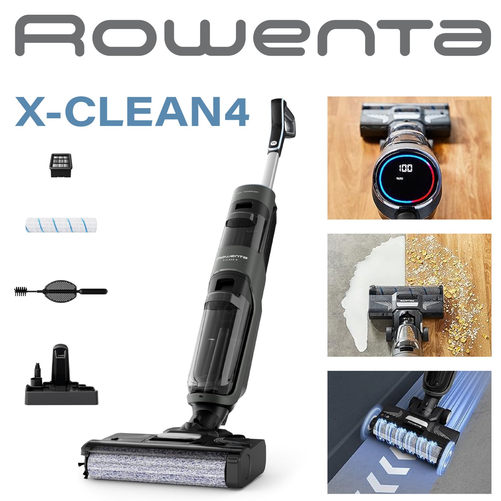Rowenta X-Clean 4 Aspirateur Balai Laveur sans Fil, Aspiration et Lavage Puissant, Intelligent, Autonomie 50min, Autonettoyage GZ5037WO, Noir
