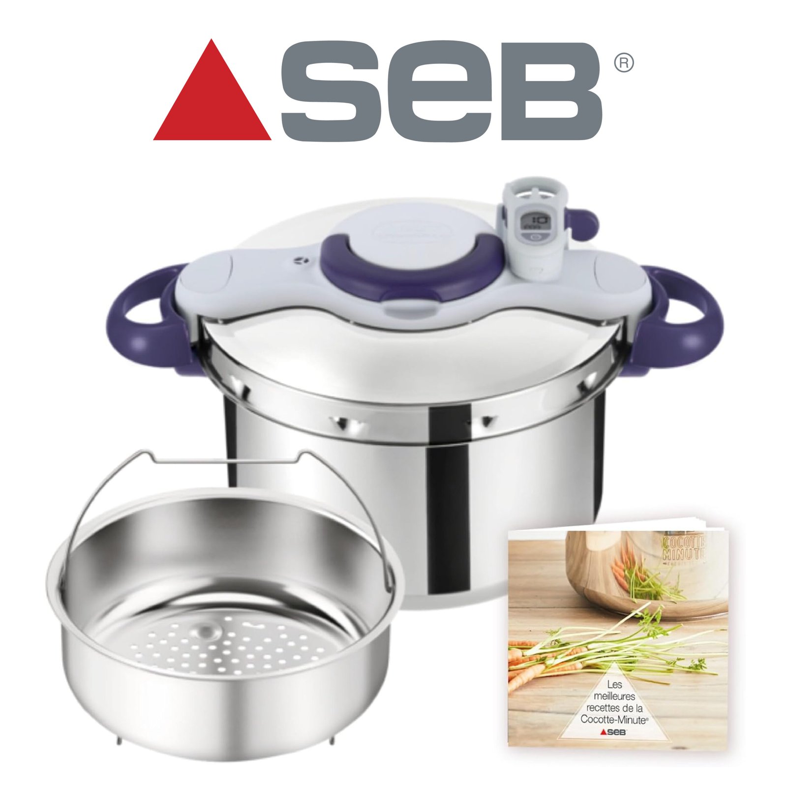 Seb Clipsominut’ Perfect Cocotte-minute 7,5 L, Autocuiseur induction, Facile à utiliser, Minuteur, Livre 100 recettes inclus, Fabriqué en France, Violet P4624800