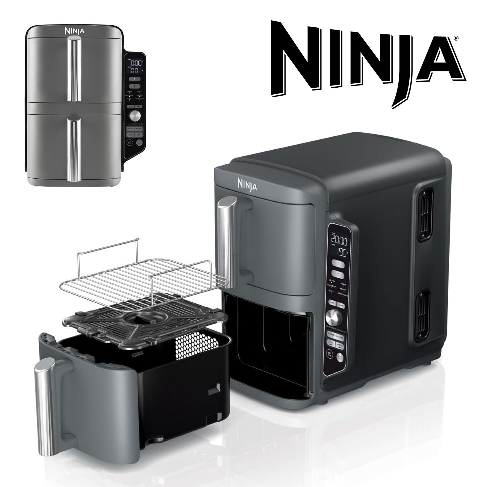 NINJA Double Stack XL Friteuse sans huile, friteuse verticale à 2 tiroirs, 4 niveaux cuisson, 2 tiroirs et 2 grilles, design compact, capacité de 9,5L, 6 fonctions de cuisson, 8 portions, gris SL400EU