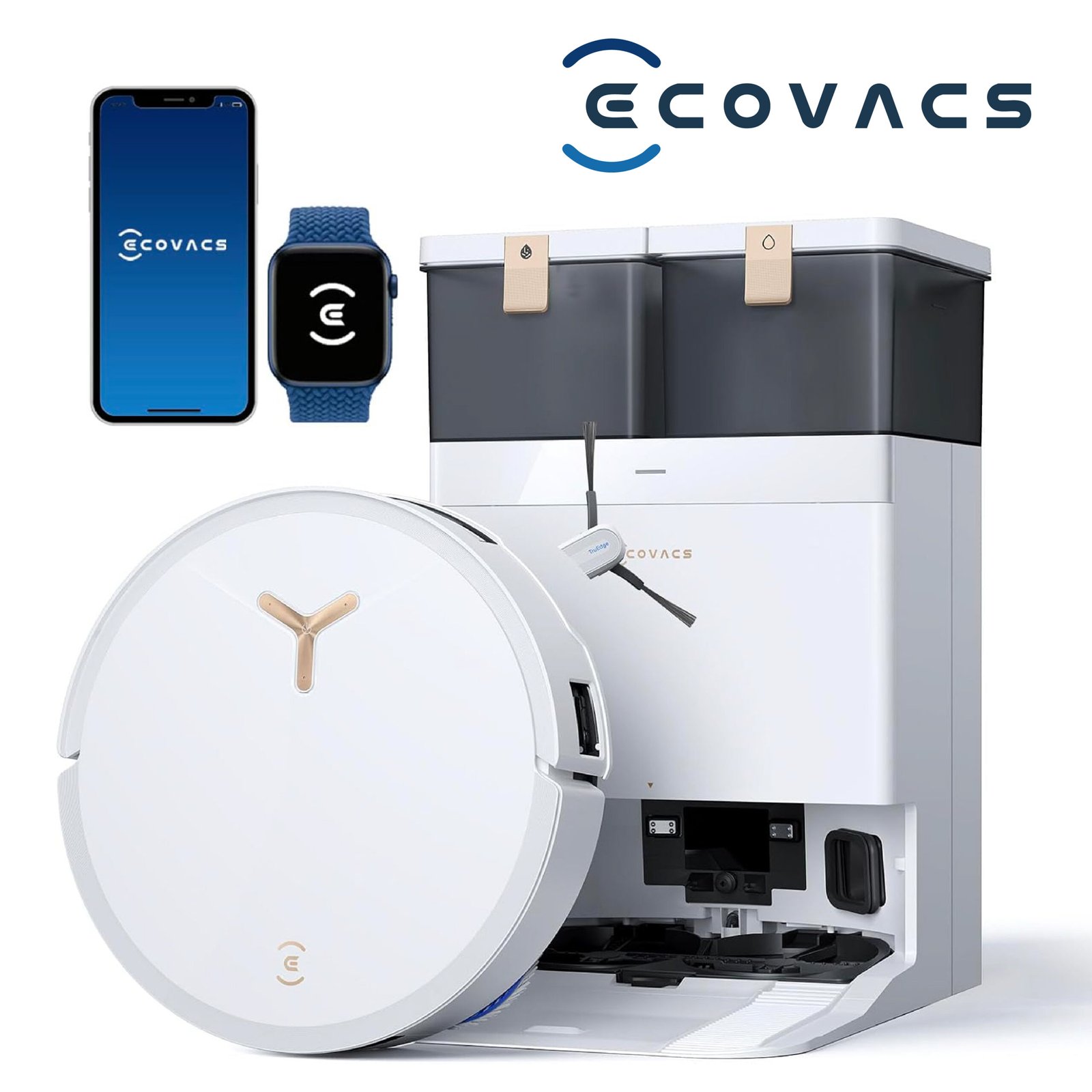 ECOVACS T50 Max Pro Omni Aspirateur Robot avec Station, 18500Pa amélioré par T30S PRO, Brosse latérale et serpillière Extensibles, Ajout Automatique Solution de Nettoyage, Lavage à l'eau Chaude, Blanc