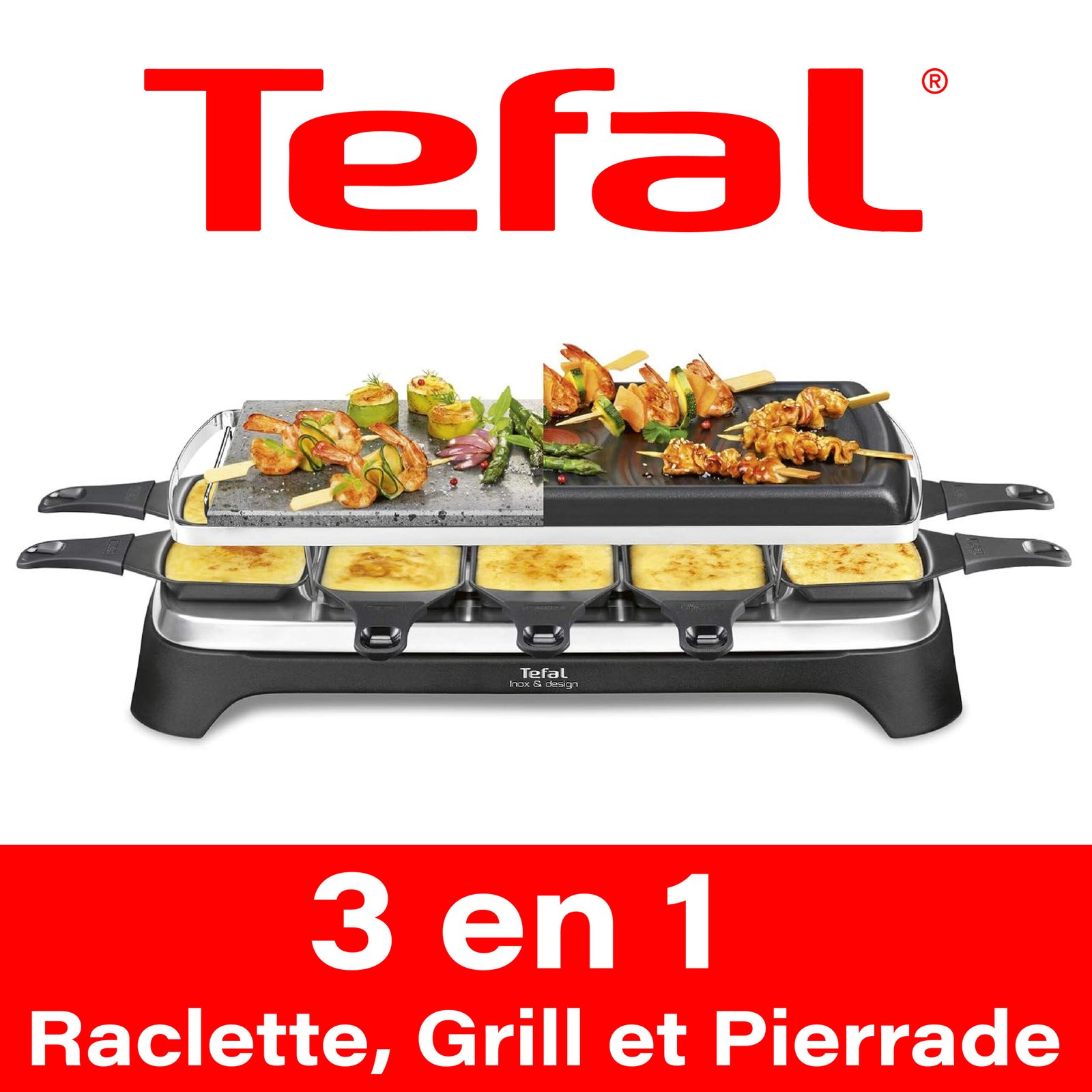Tefal Raclette Pierrade 3 en 1 Noir Inox 1350W 10 Personnes RE45A812