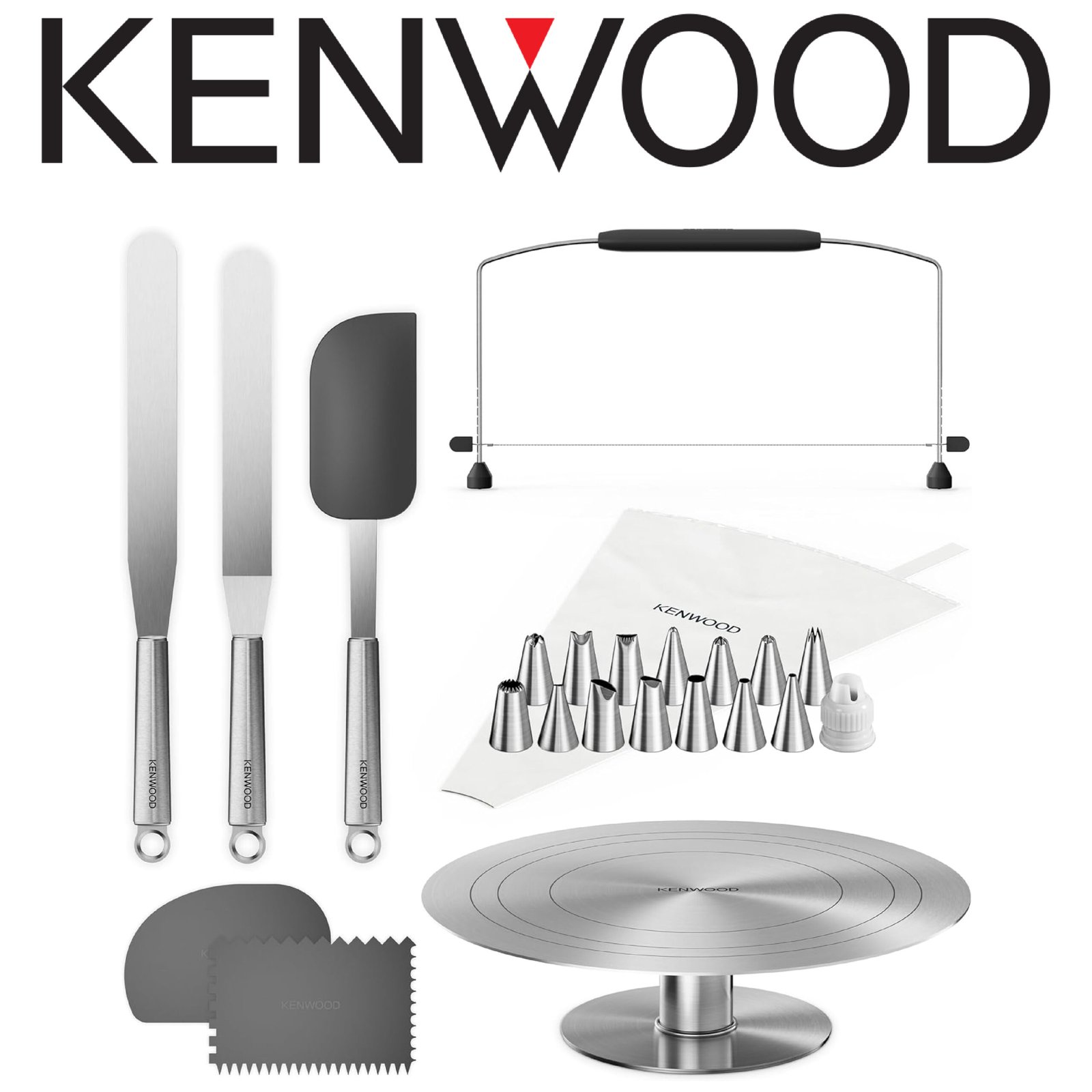Kenwood KWSD100 Decorating Set de Pâtisserie, Plateau à Gâteaux en acier inoxydable, spatules, sac à douille et manchon de décoration en acier inoxydable, Argenté