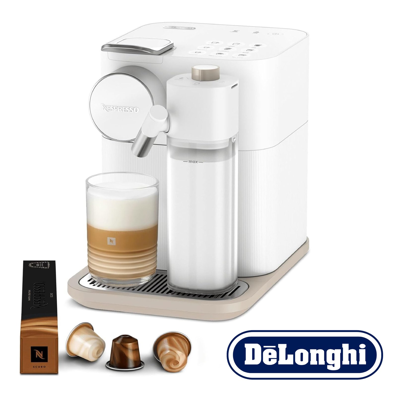 Nespresso De'Longhi Machine à café Gran Lattissima EN640.W avec système de lait automatique, pression 19 bar, 1400 W, Blanc