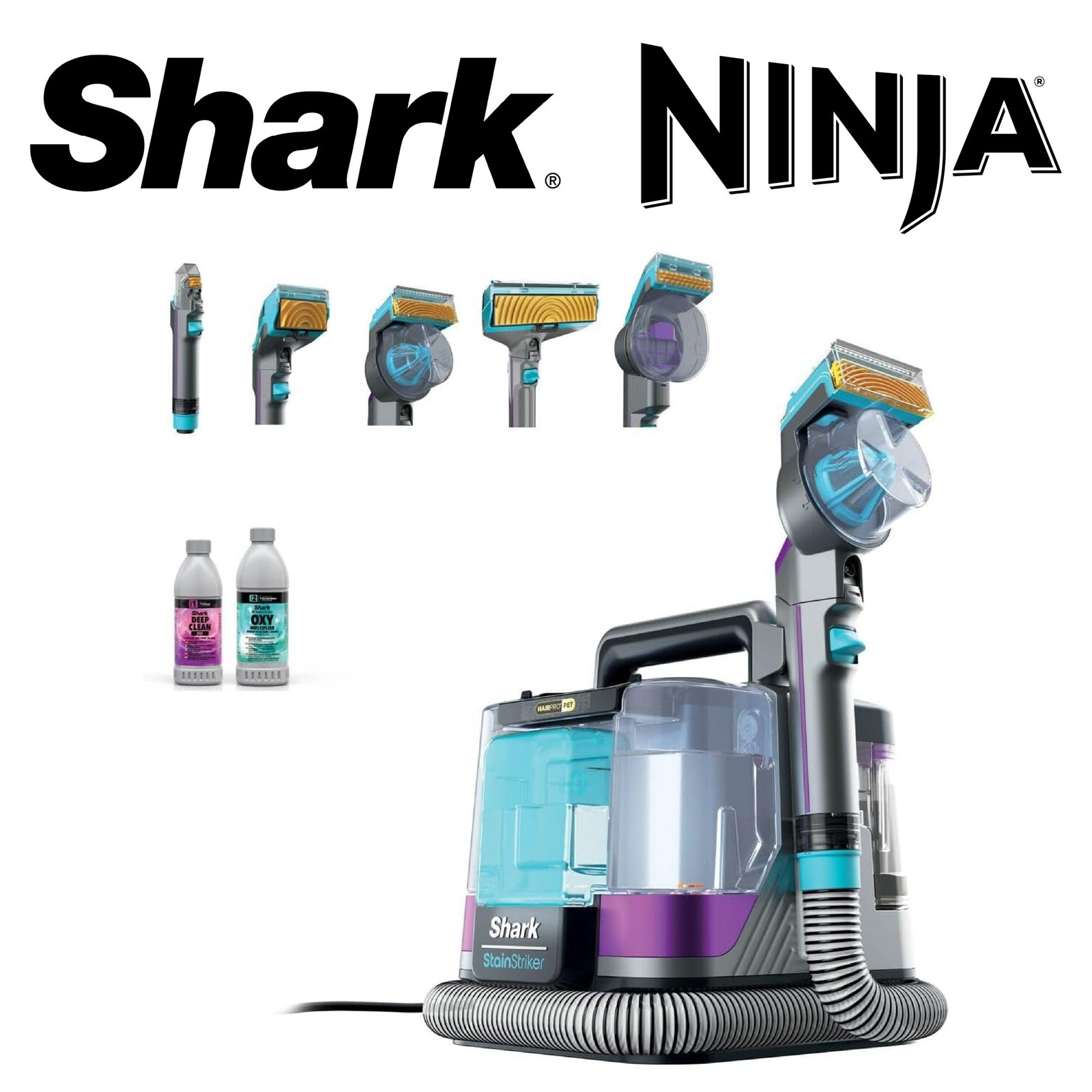 Shark StainStriker HairPro spécial animaux, Aspiration 450 W, Extracteur de poils, Élimine taches et odeurs, Léger et portable, Inclus : 4 accessoires et 2 formules de nettoyage PX250EUT