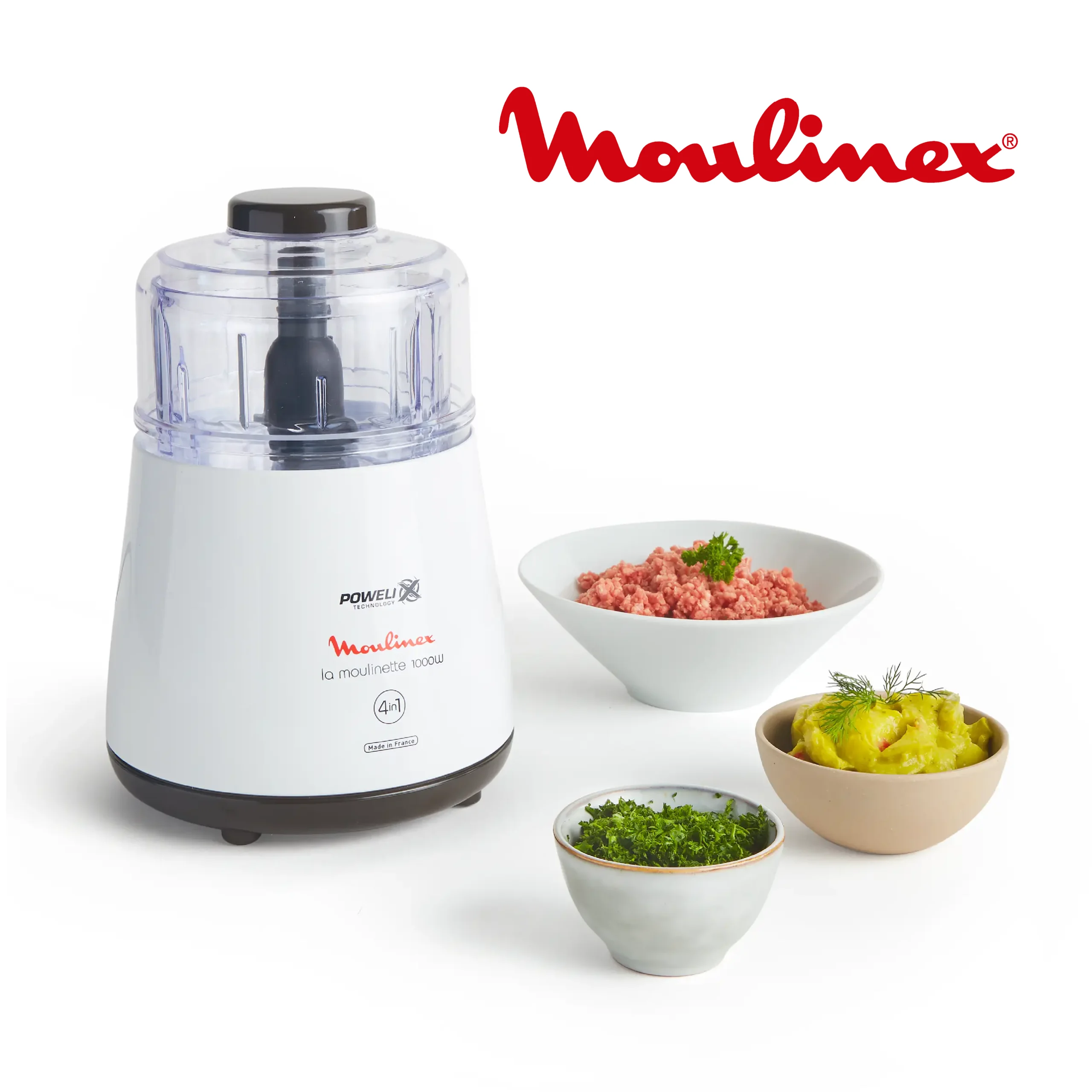 Moulinex DPA141 Hachoir Électrique La Moulinette Hacher Mixer Viande Légumes Herbes Ails & Découpe Légumes Electrique Fresh Express3 en 1 Râper Emincer Gratter Mandoline Légumes Fruits Fromage