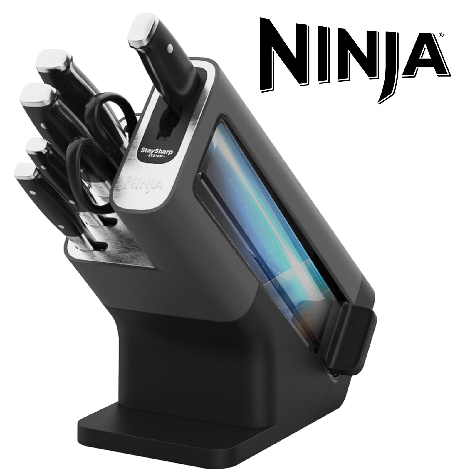 Ninja Foodi Bloc-couteaux StaySharp avec Affûteur, Ensemble de Couteaux 6 Pièces Aiguisés: Couteau de chef, à pain, à trancher, universel, à éplucher et ciseaux, en Acier Inoxydable, K32006EU