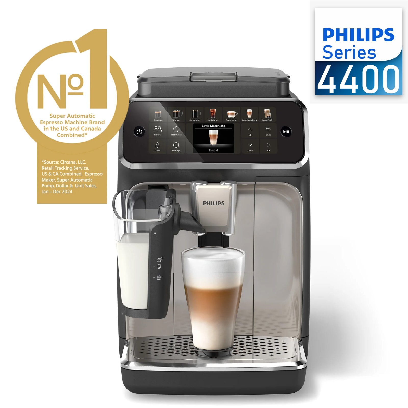 Philips Series 4400 Machine à expresso LatteGo entièrement automatique, technologie SilentBrew, démarrage rapide, café aromatique de haricots fraîchement moulus, 12 boissons chaudes et glacées, chrome
