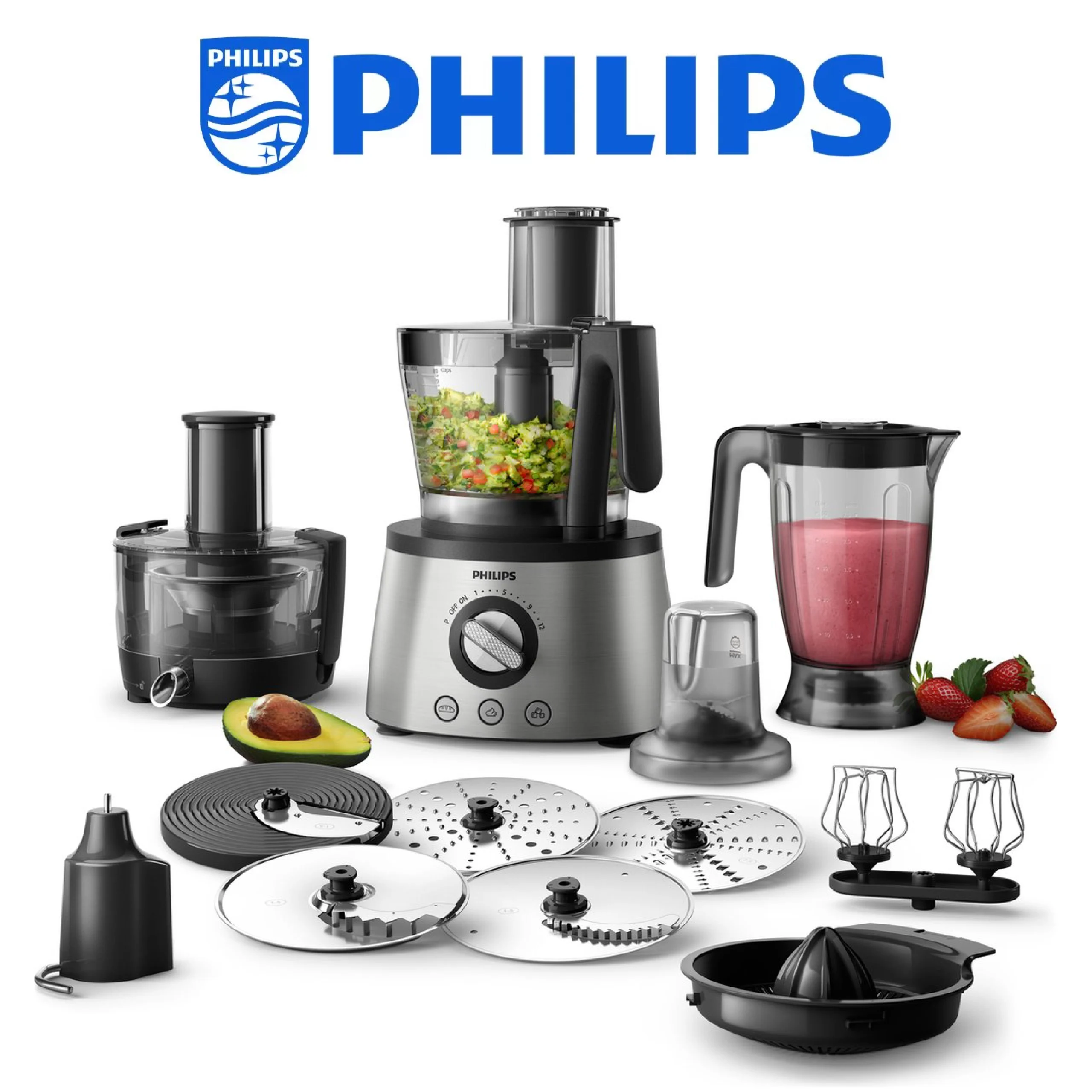 Philips Robot Multifonction Compact -1300W, 32+ Fonctions, Bol de 3,4L, Hachoir Puissant, Lame et Disques en Acier Inoxydable (HR7778/00)
