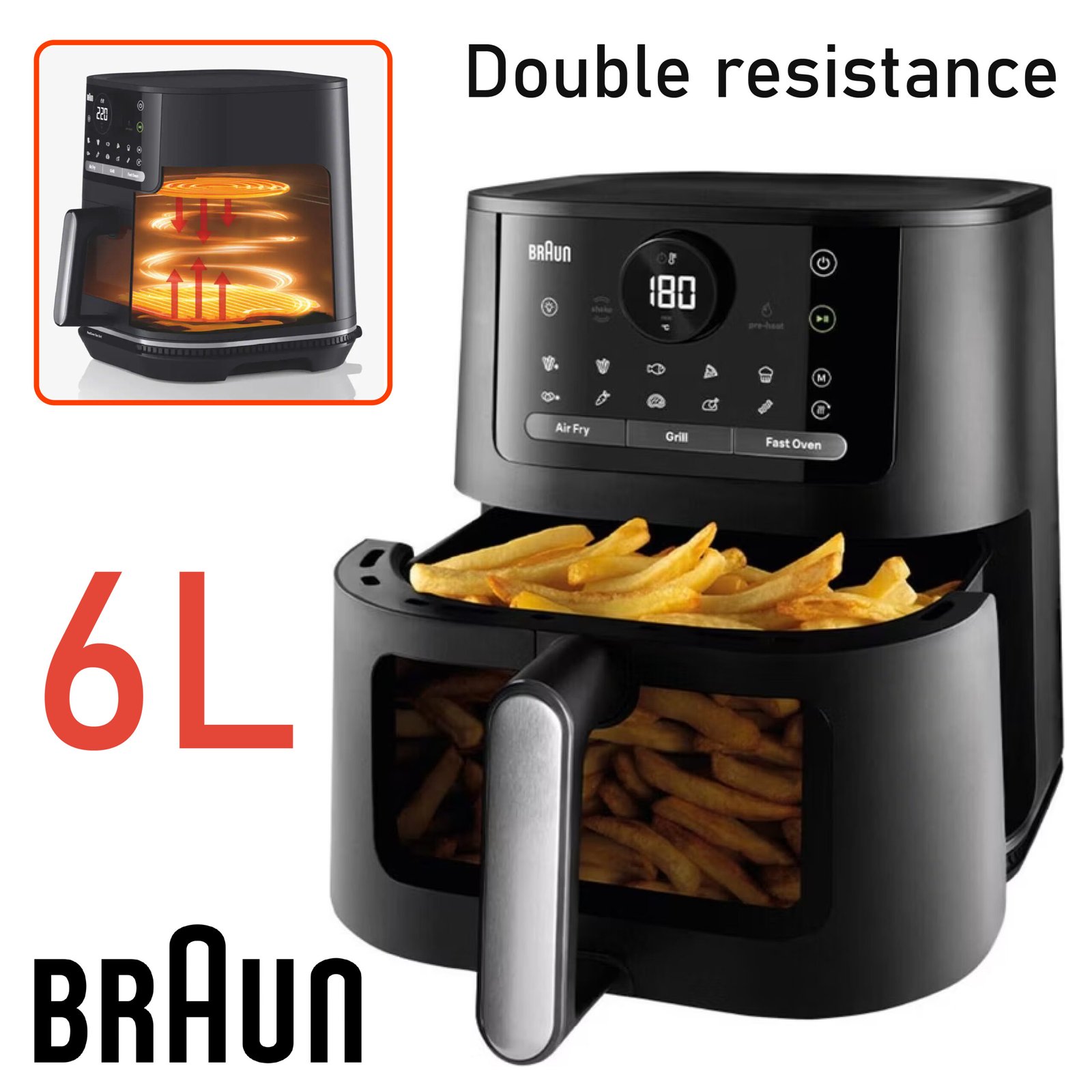 Braun MultiFry5 Double resistance HF5030IBK, Friteuse à Air avec Capacité de 6L, Contrôle Numérique de 80-200°, Technologie RealAir, 8 Programmes, Commande Tactile, Panier Lavable au Lave-Vaisselle, 1700W
