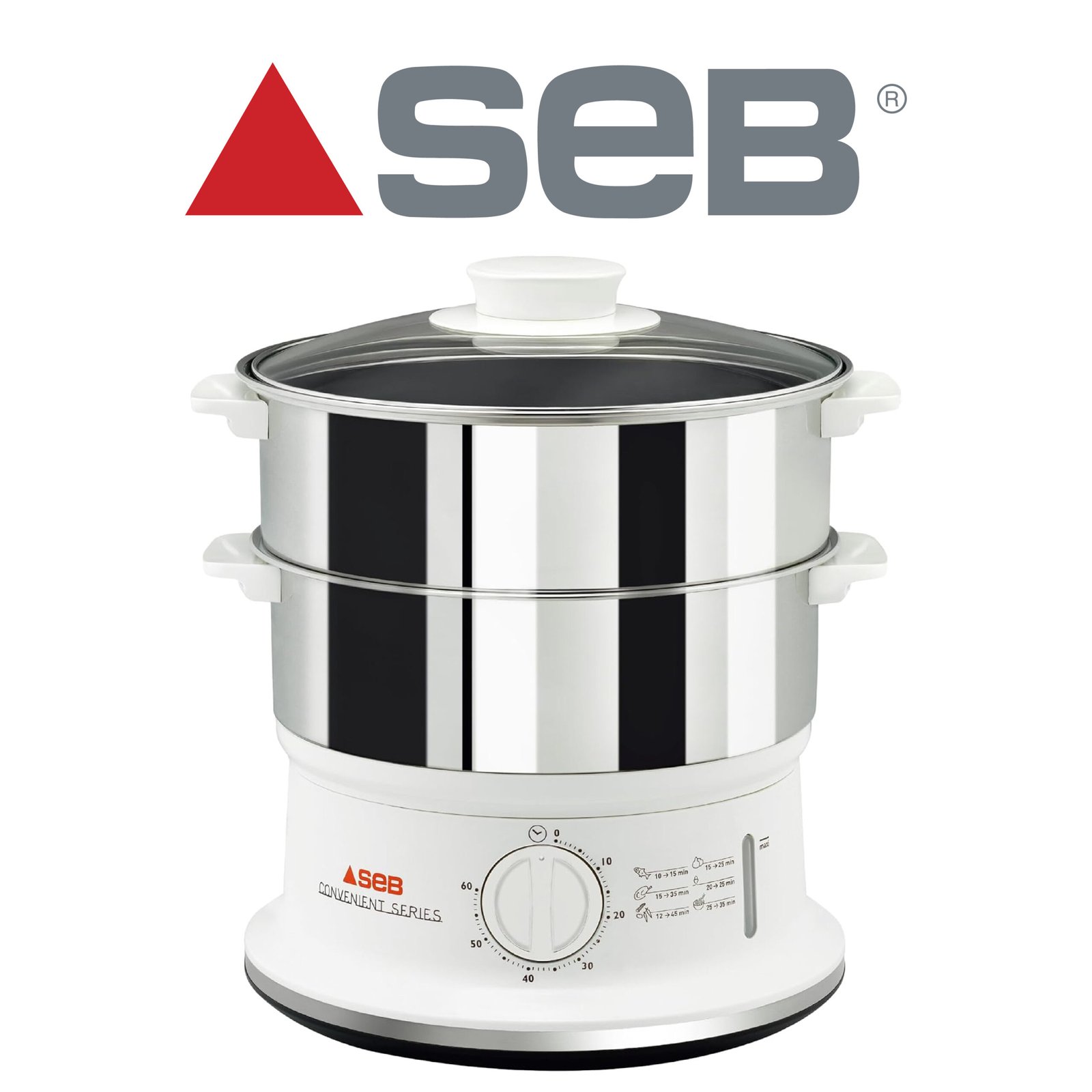 Seb Cuiseur Vapeur série Convenient 2 bols inox, Capacité bol 6 L, Cuisson vapeur, Cuit vapeur compact, Minuteur, Arrêt automatique VC145100, 2 Paniers
