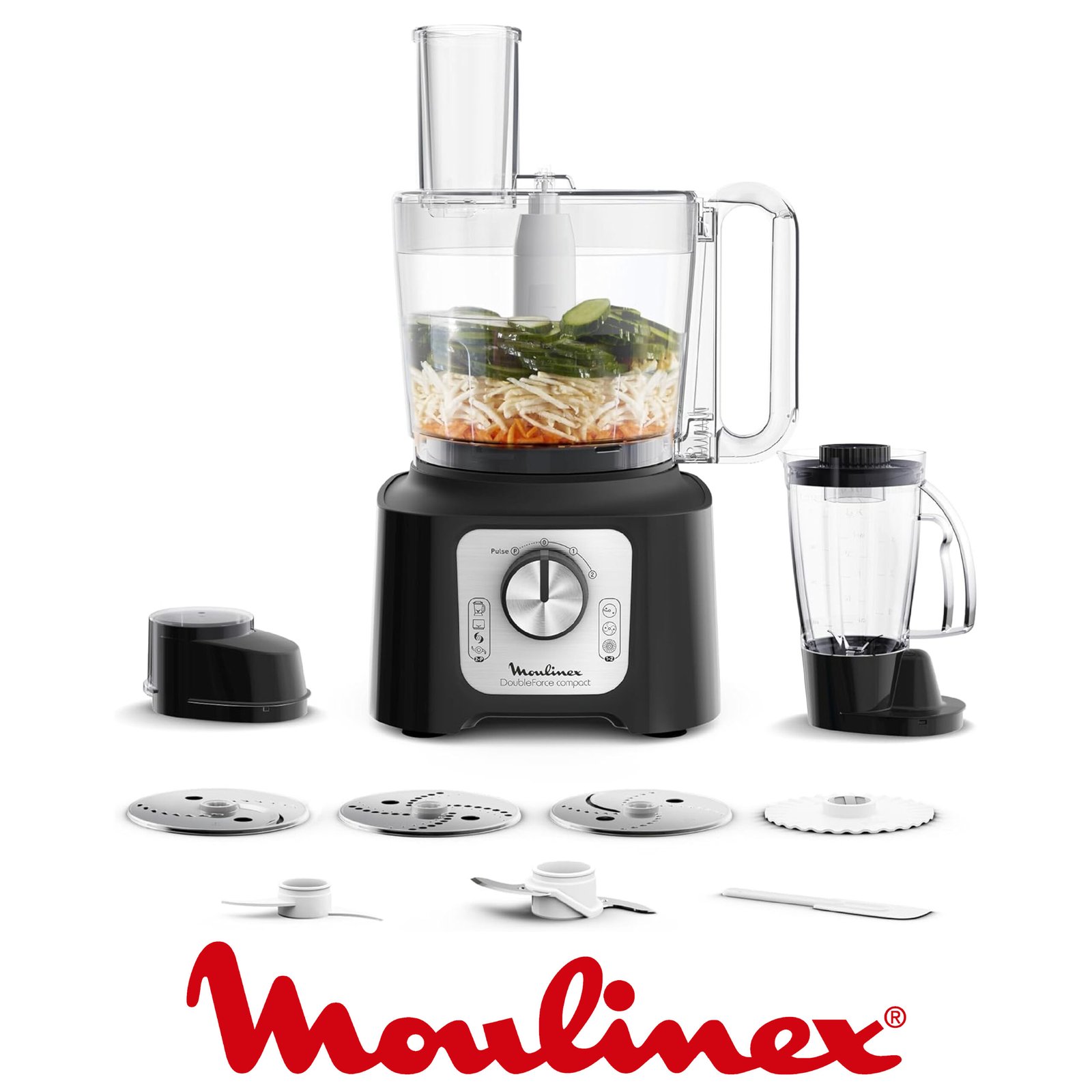 Moulinex Double Force Compact Robot Cuisine Multifonction, Bol 3L, 800W, 2 Vitesses + Pulse, 9 Accessoires, Blender, Hachoir, Râpes, Noir FP546811