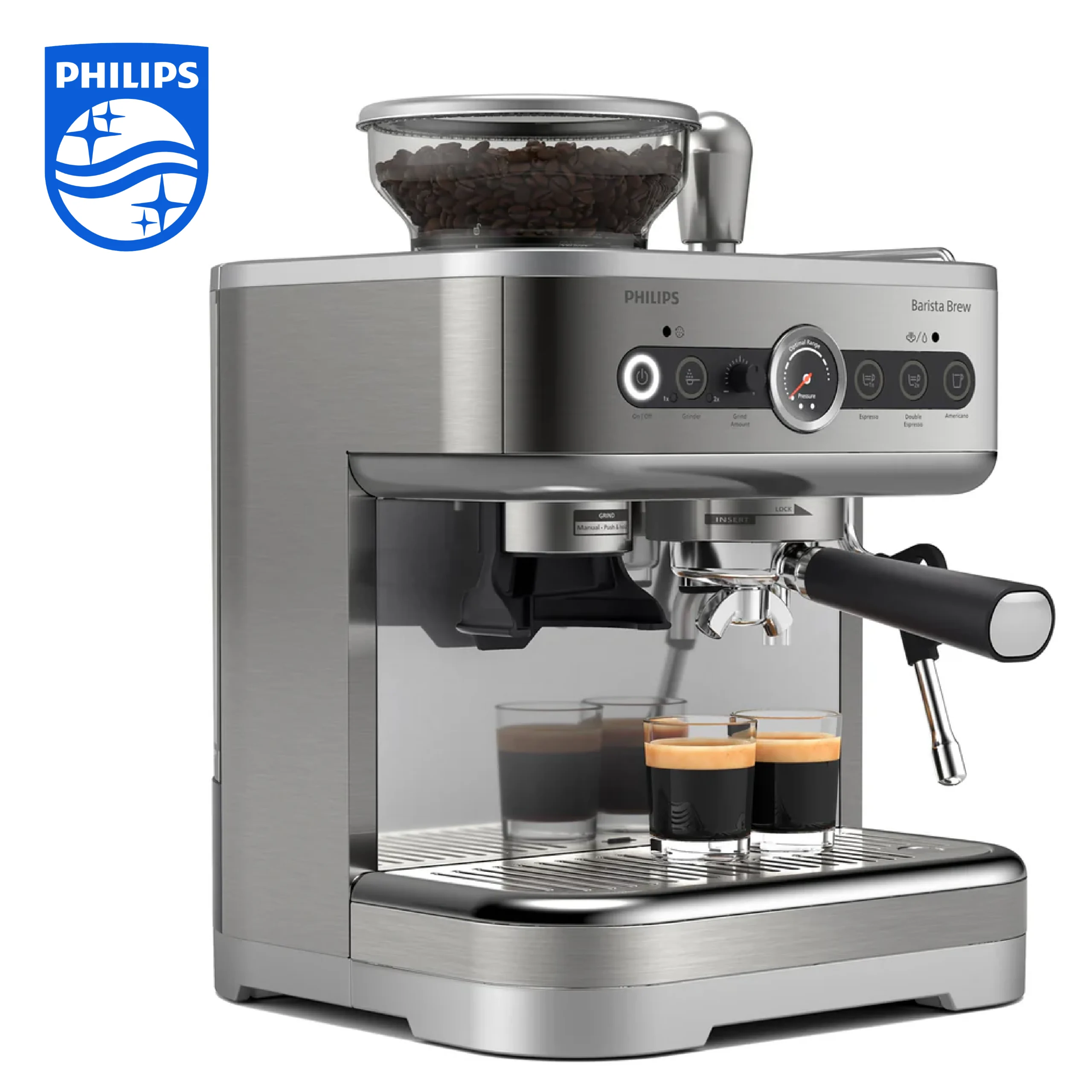 Philips Barista Brew Machine à espresso semi-automatique - bouton Espresso simple et double + Americano, réservoir à grains double de 280g, bourrage calibré, Cappuccino en métal (PSA3228/41)