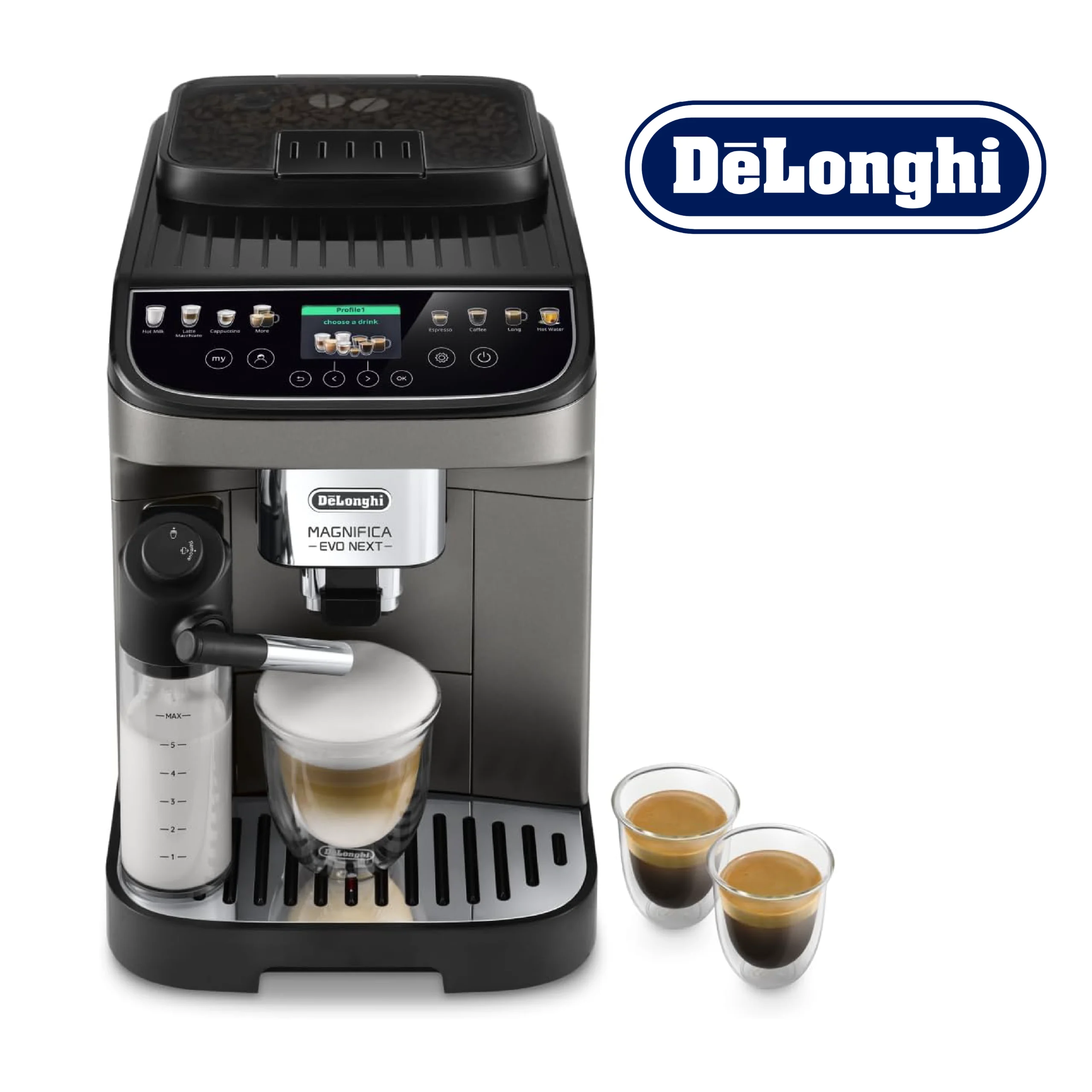 DeLonghi Magnifica Evo Next ECAM312.80.TB, Machine Café Automatique, Machine Café Grains pour Café et Cappuccino avec Écran Tactile Intuitif, 1450W, Noir/Titane
