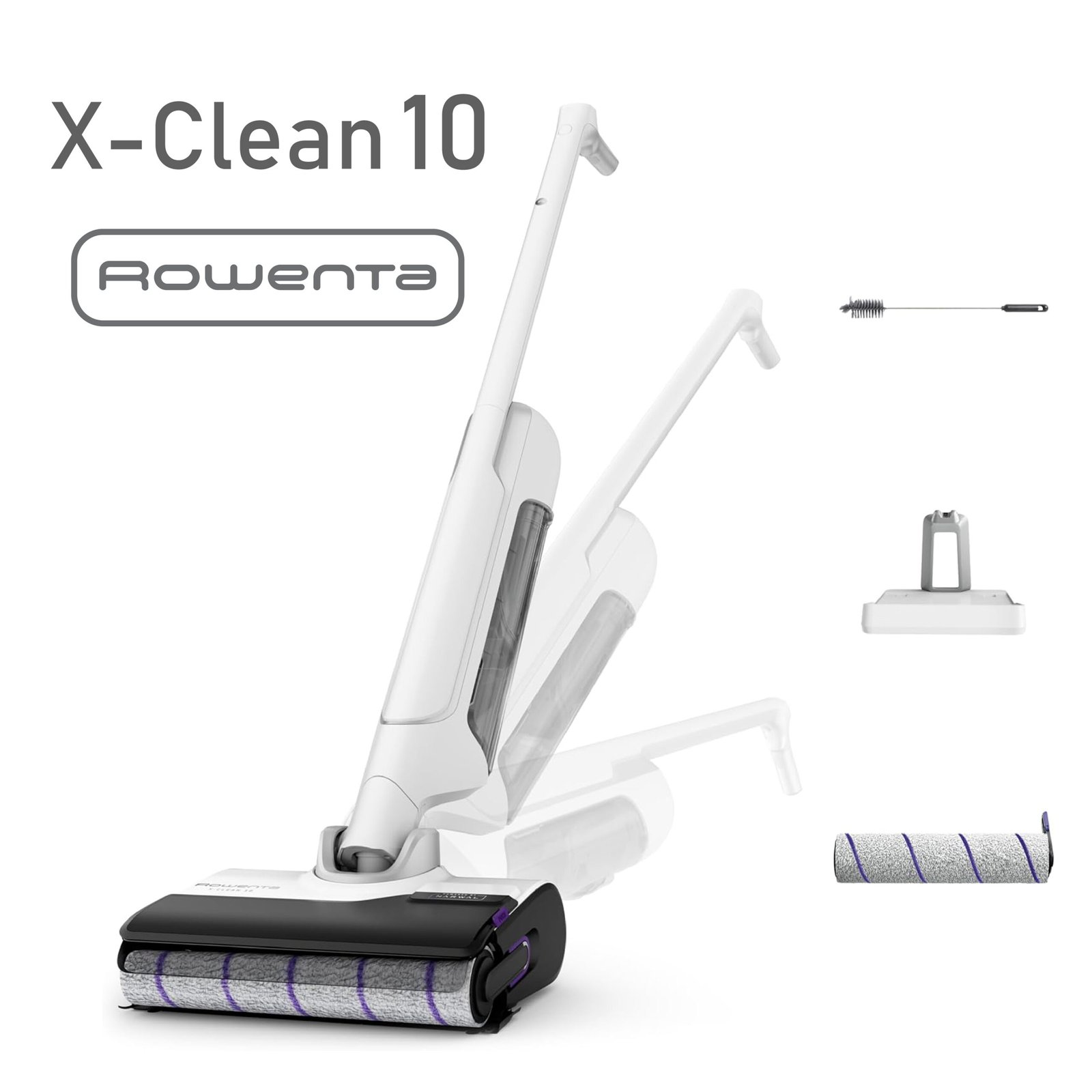 Rowenta X-Clean 10, Aspirateur Laveur sans fil, Design Plat 180°, Auto-Nettoyage et séchage 65°C, Autonomie 60min, Parfait pour Tâches Tenaces et Poils d’Animaux GZ7540WO, Blanc