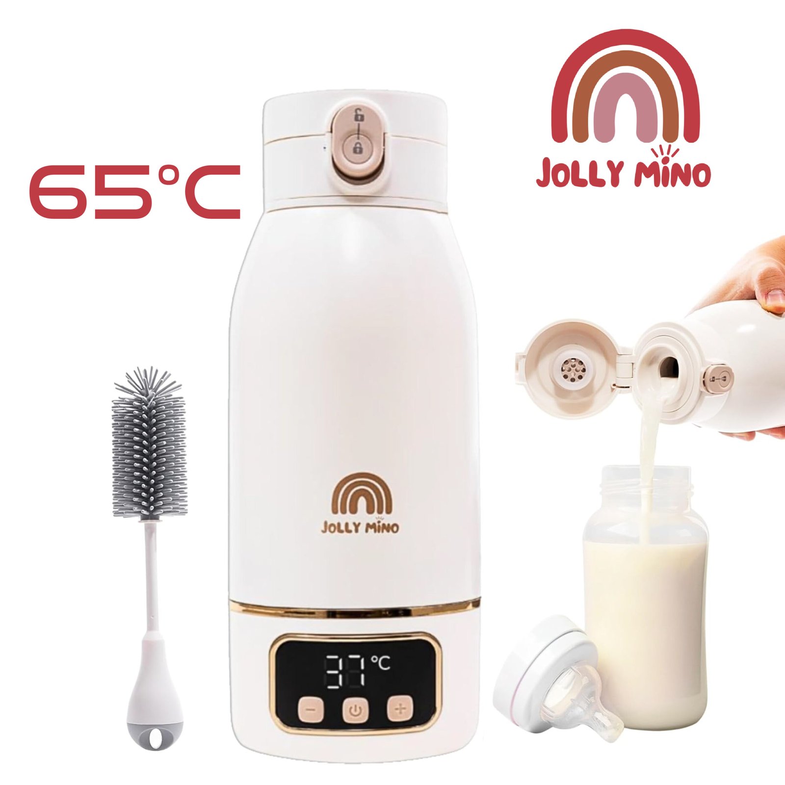 Chauffe Biberon Nomade Sans Fil 500 ml - Chauffe Eau et Lait Portable – Inox Sans BPA - Recharge Rapide - Brosse Incluse – Idéal Nuit et Déplacements - Nettoyage Express 65°C