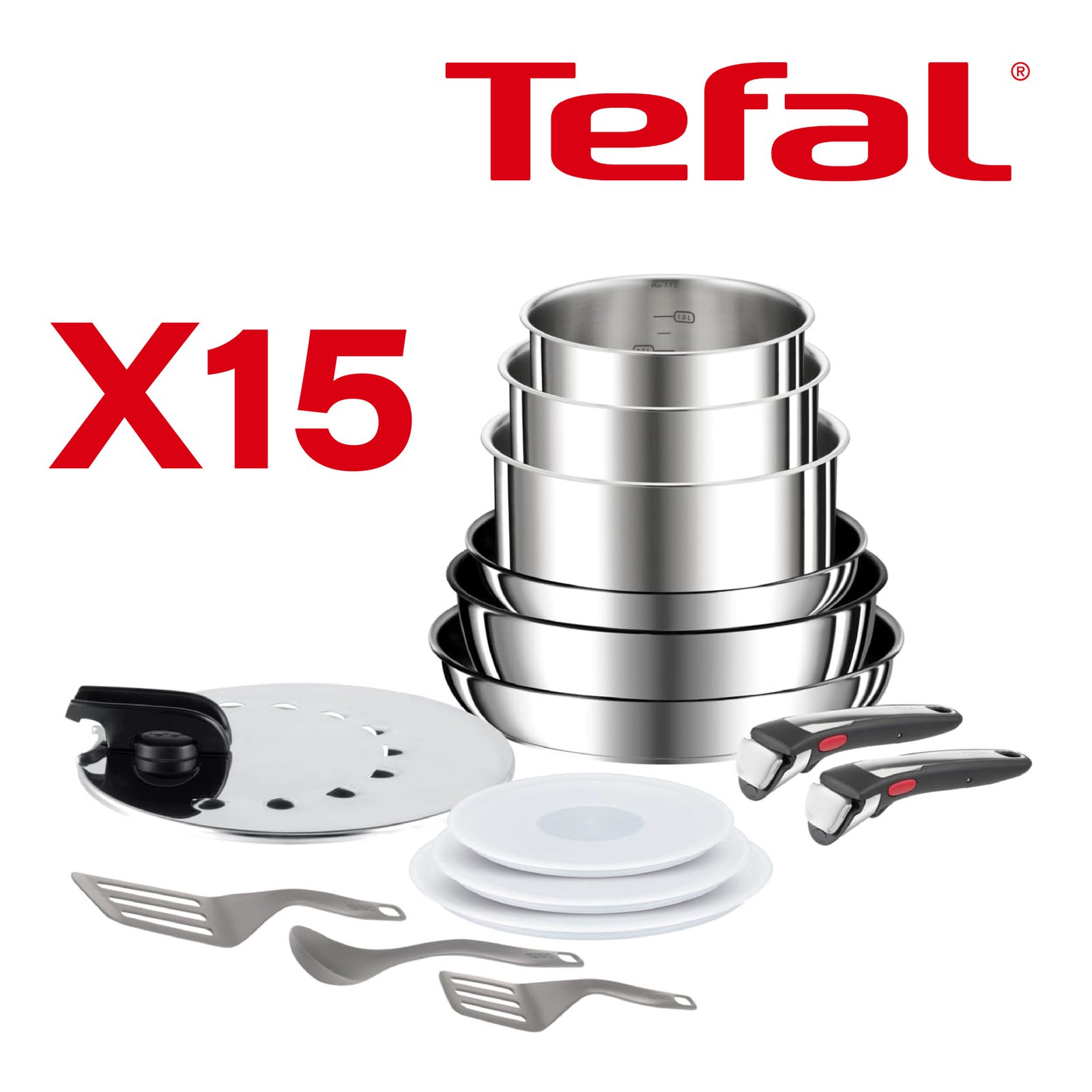 Tefal Ingenio Preference On, Batterie de cuisine 15 pièces, Induction, Acier inoxydable, Revêtement antiadhésif, Empilable, Compatible lave-vaisselle, Fabriqué en France, L9749532