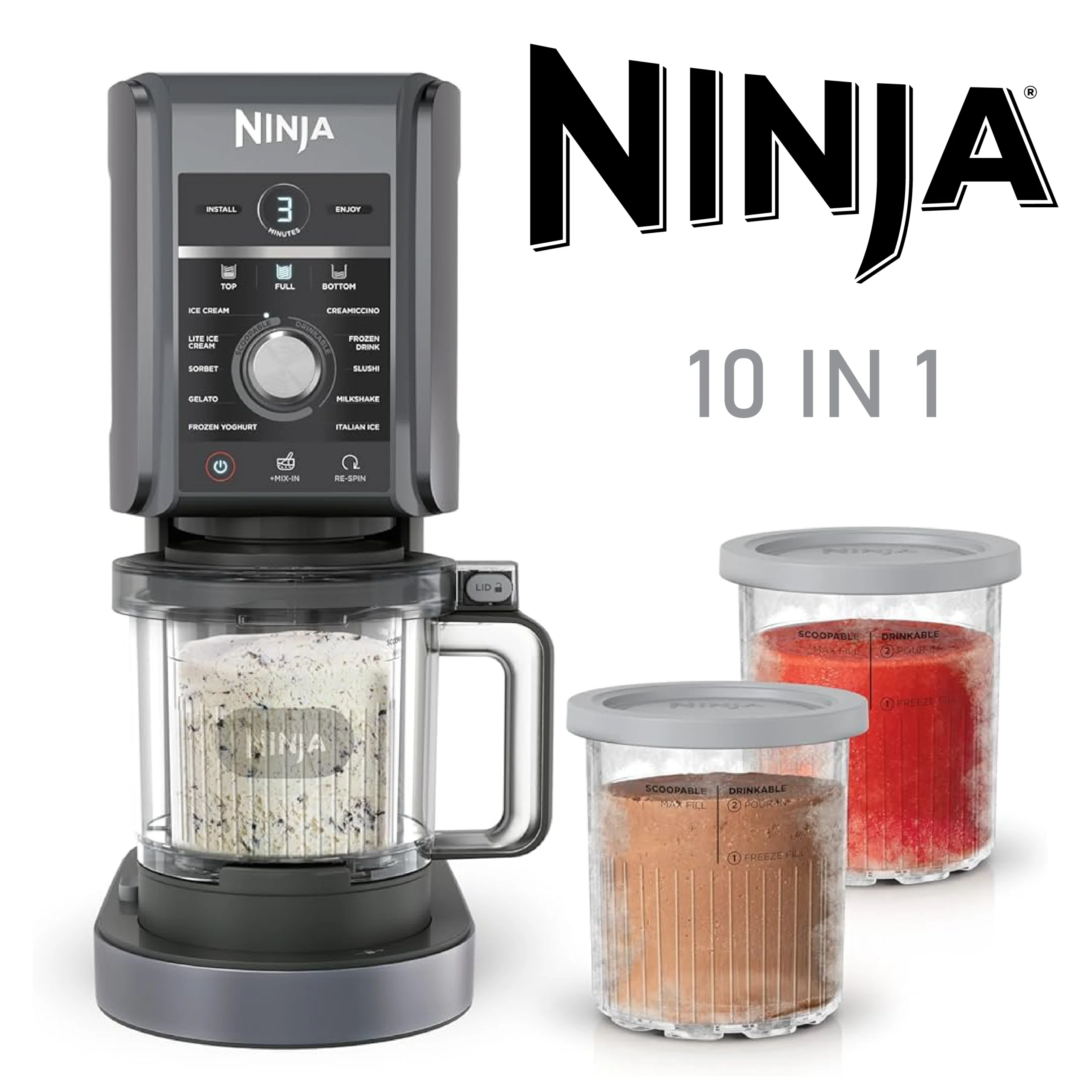Ninja CREAMi Deluxe Ice Cream Maker & Frozen Dessert Maker with 3 Tubs, 10 Functions, Makes Ice Cream, Gelato, Sorbet, Frozen Yoghurt, Milkshakes, Slushi & More, 2-in-1 Flavour Option, Silver, NC501ME