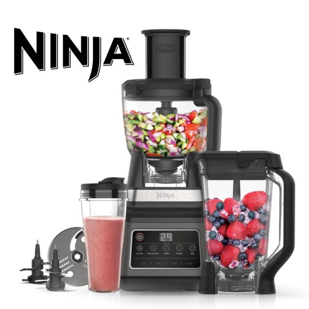 Ninja 3en 1 Robot de cuisine et mixeur avec 5 programmes: Mixer, Mixer Max, Hacher, Mélanger, Purée, Bol 1,8L, Cruche 2,1L, Tasse 700ml, 1200W, Auto-iQ, Noir BN800EU