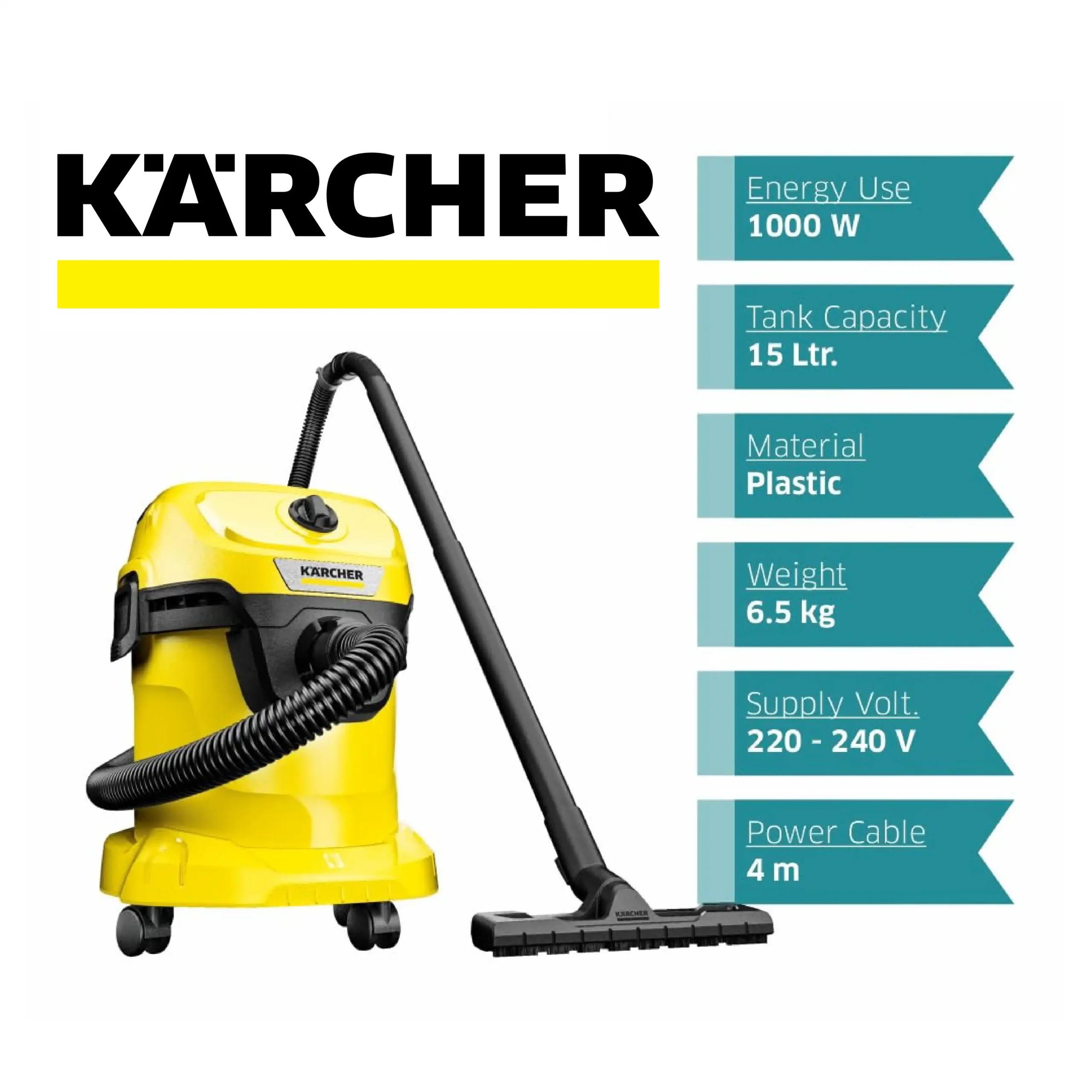 Karcher WD 3 Aspirateur Sec et Humide 17 L, 1 000 W (1.629-821.0), Courant Sans Contrôle d'Allumage, Plastique, 1000 W - Deux Tubes d'Aspiration Rigides, 2 Buses, Filtre, Sac, Tuyau de 2 m