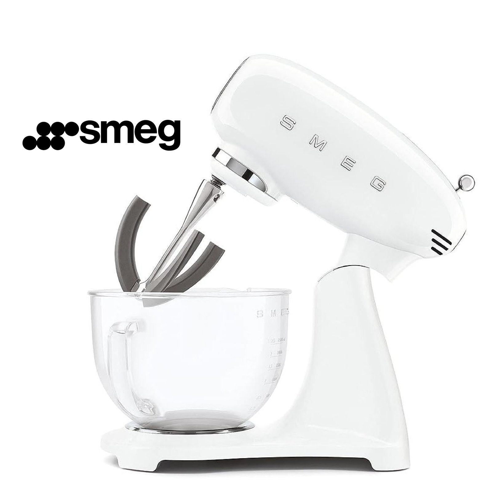 Smeg, Robot Pâtissier SMF13WHEU, 10 Niveaux de Vitesse, Mise en Marche Progressive, Bol en Verre de 4,8 L, Verrouillage Moteur de Sécurité, Accessoires Inclus, 800 W, Blanc