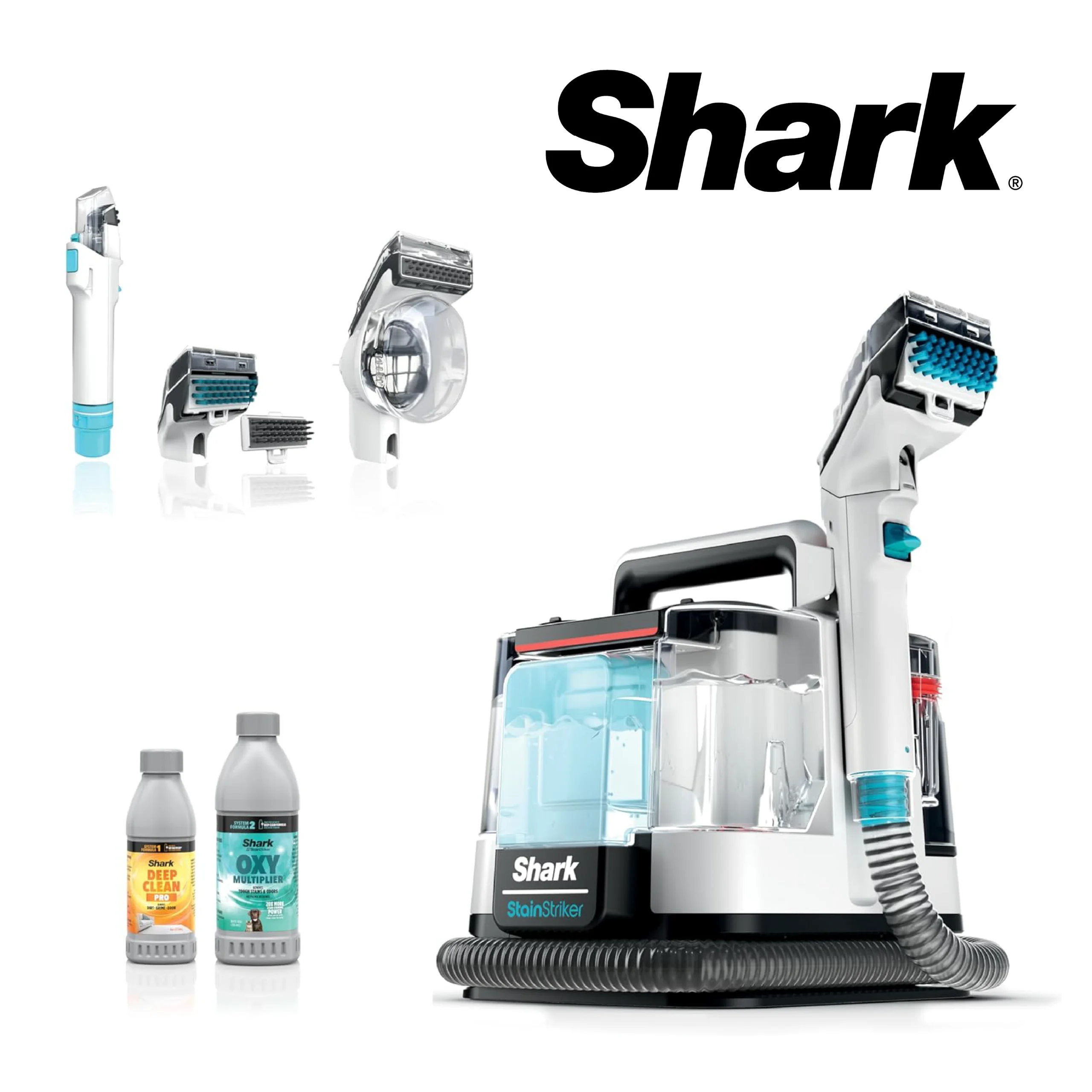 Shark StainStriker Nettoyeur de taches avec 5 outils dont accessoire pour animaux, suceur plat, tuyau, 2 Formules nettoyage sur mesure Élimine taches, odeurs, saleté. Léger et portable, 450W PX200EUT