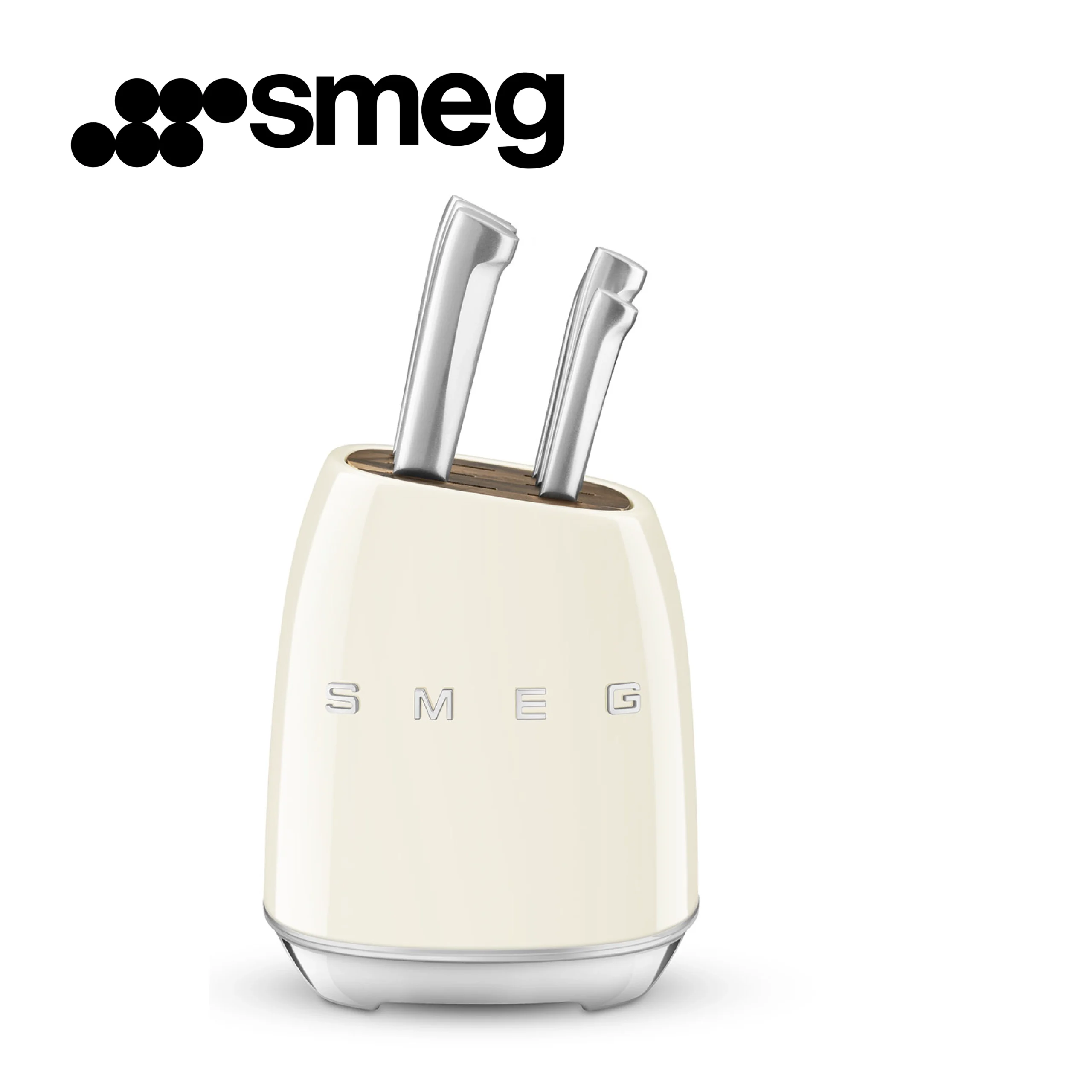 Bloc à couteaux Smeg KBSF02CR, 6 couteaux inclus, en acier inoxydable, corps du bloc et fente pour couteaux en acier inoxydable, bois d'acacia, couleur crème