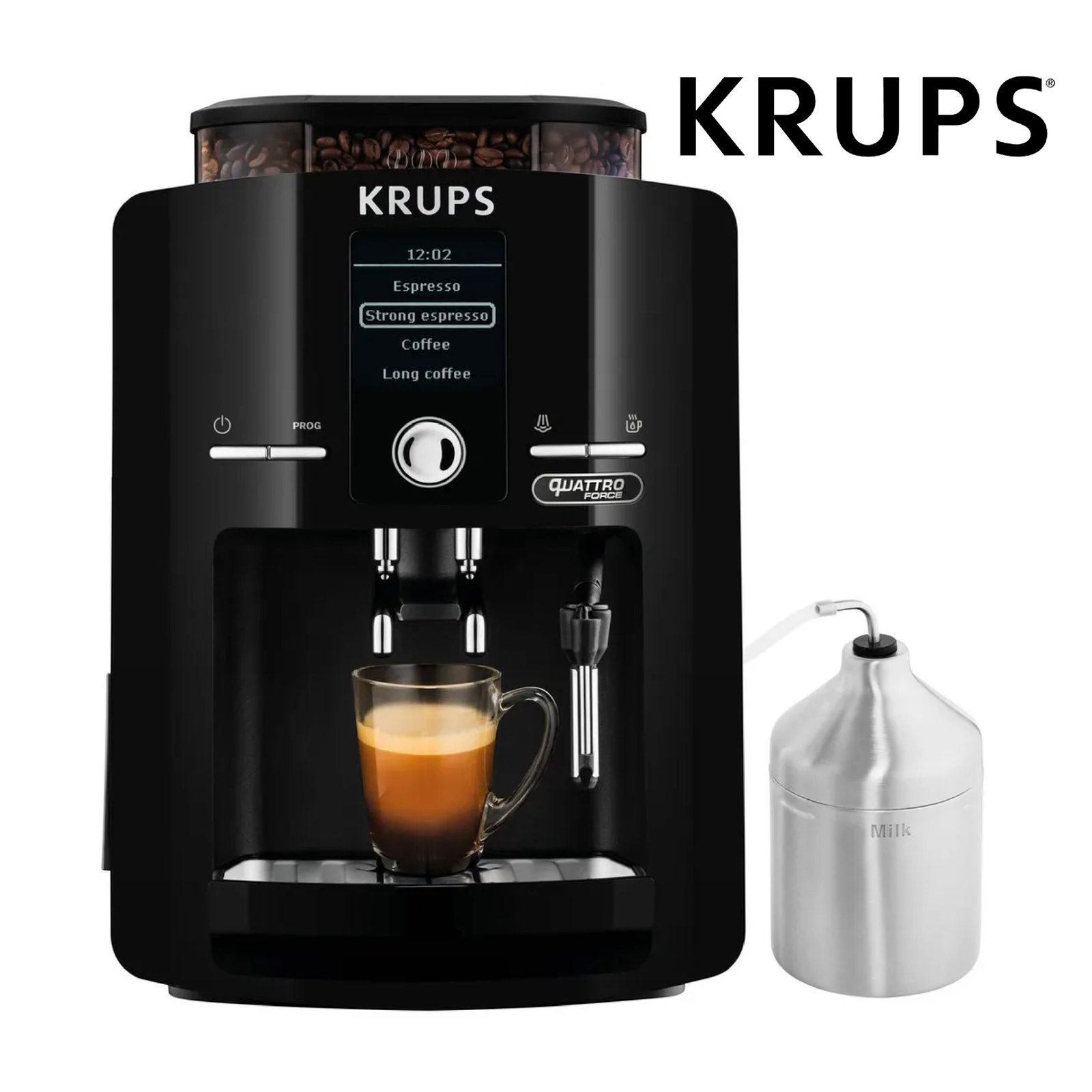 Krups Machine à café grain, 2 expressos simultanés, Ecran LCD, Cafetière espresso compacte, Nettoyage automatique, Buse vapeur pour Cappuccino Ref: EA82