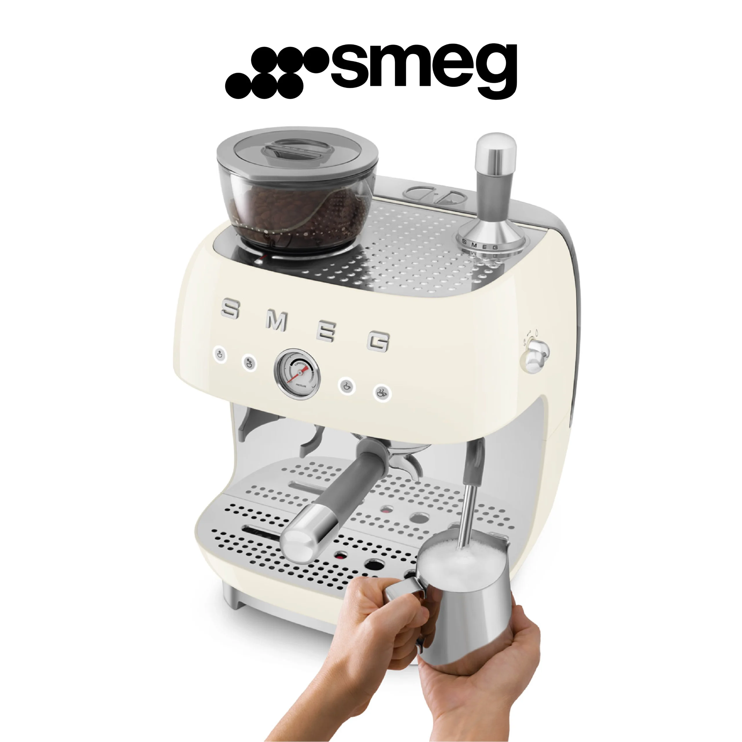 Smeg, Machine à Café Expresso Manuelle EGF03CREU, avec Broyeur à Grain Intégré, Thermoblock, 4 Niveaux de Température, Buse Vapeur et Manomètre, Réservoir 1 L, Dimensions Compactes, 1350W, Crème