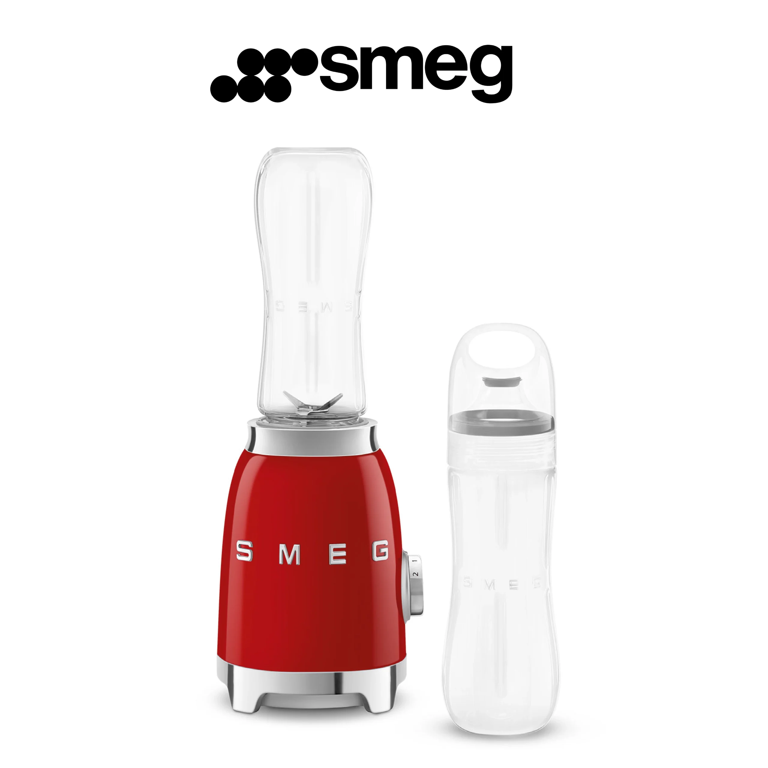 Smeg, Mini-blender Compact PBF01RDEU, 2 Niveaux de Vitesse, Blocage Moteur de Sécurité, 2 bouteilles de 600 ml Fournies, Base Antidérapante, Range cordon Intégré, 300W, Rouge