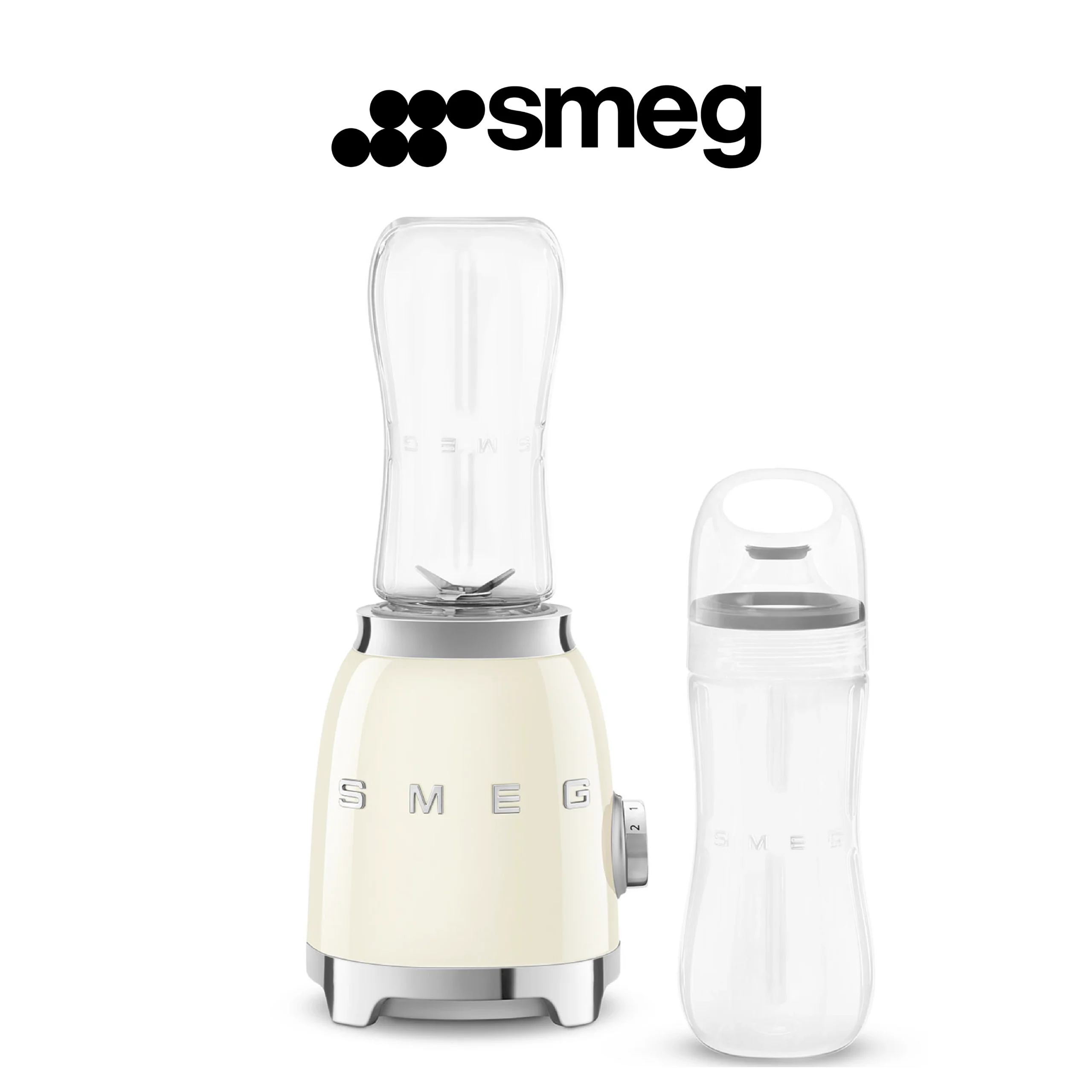 Smeg, Mini-blender Compact PBF01CREU , 2 Niveaux de Vitesse, Blocage Moteur de Sécurité, 2 bouteilles de 600 ml Fournies, Base Antidérapante, Range cordon Intégré, 300W, CREME