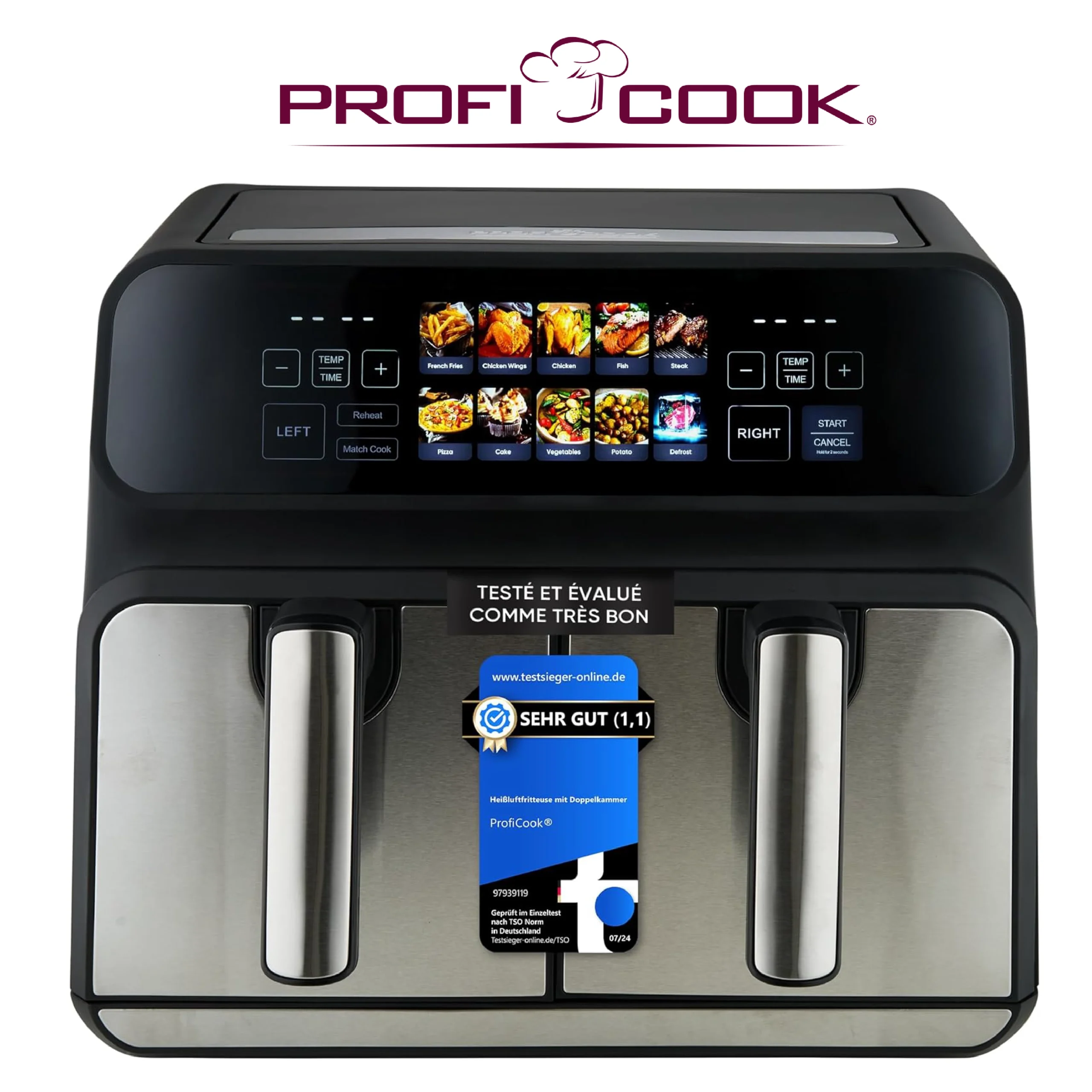 ProfiCook® Friteuse à air chaud | 2 compartiments | 8 litres (2x4 L) | Double compartiment | pas d'huile ni de graisse | Air Fryer | Écran couleur | Double friteuse à air chaud 2200W | PC FR 1287 H