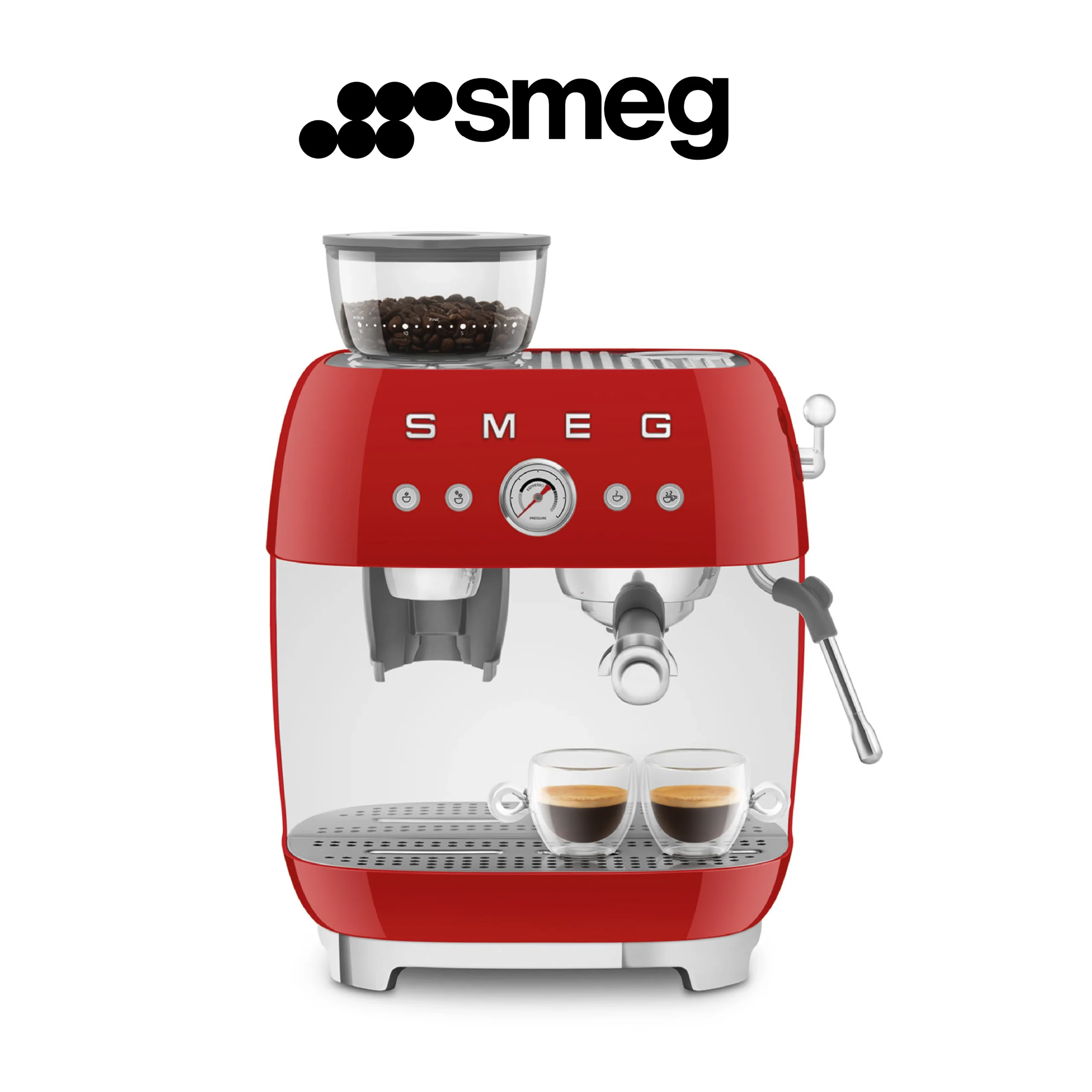 Smeg, Machine à Café Expresso Manuelle EGF03RDEU, avec Broyeur à Grain Intégré, Thermoblock, 4 Niveaux de Température, Buse Vapeur et Manomètre, Réservoir 1 L, Dimensions Compactes, 1350W, Rouge