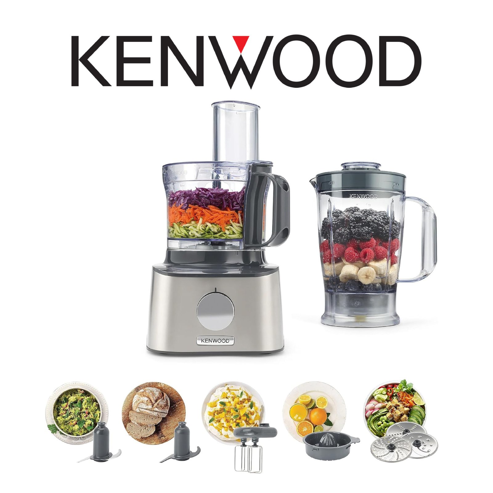 Robot multifonction Inox KENWOOD MultiPro Compact - Blender, presse agrumes, 3 disques, double fouet, pétrin, spatule FDM301SS