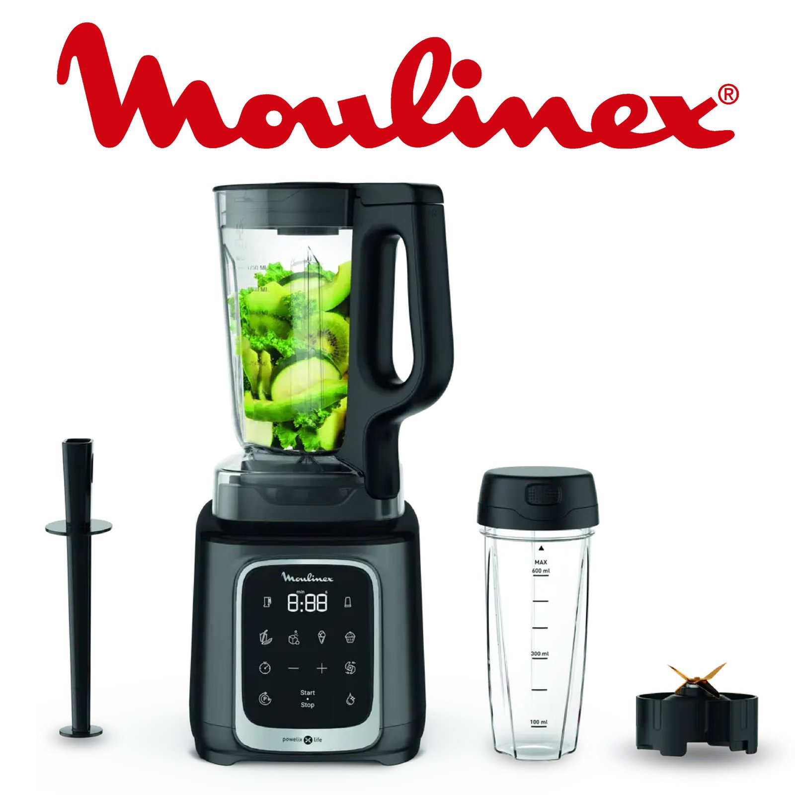 Moulinex InfinyMix+ Blender haute vitesse, 1600 W, Mixeur bol tritan 1,75 L, Smoothies, Glaces, Glace pilée, Pâtes dessert, 5 programmes automatiques, Gourde 600 ml, Mixeur soupe LM91HD10
