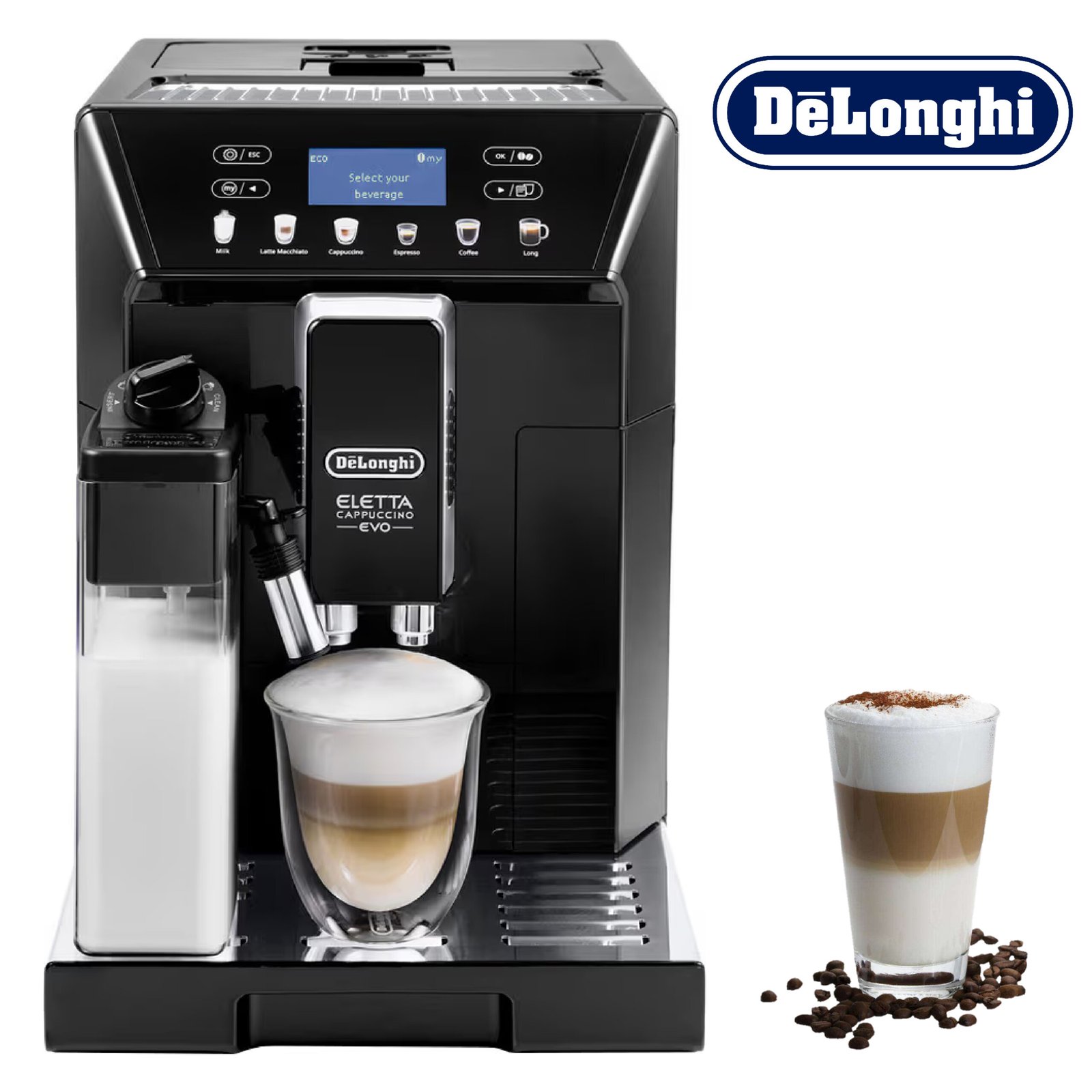 DeLonghi Eletta Evo Machine a Café Grain ECAM46.860.B, Machine Expresso et Cappuccino, Ecran LCD Tactile, Noir [Classe énergétique A]