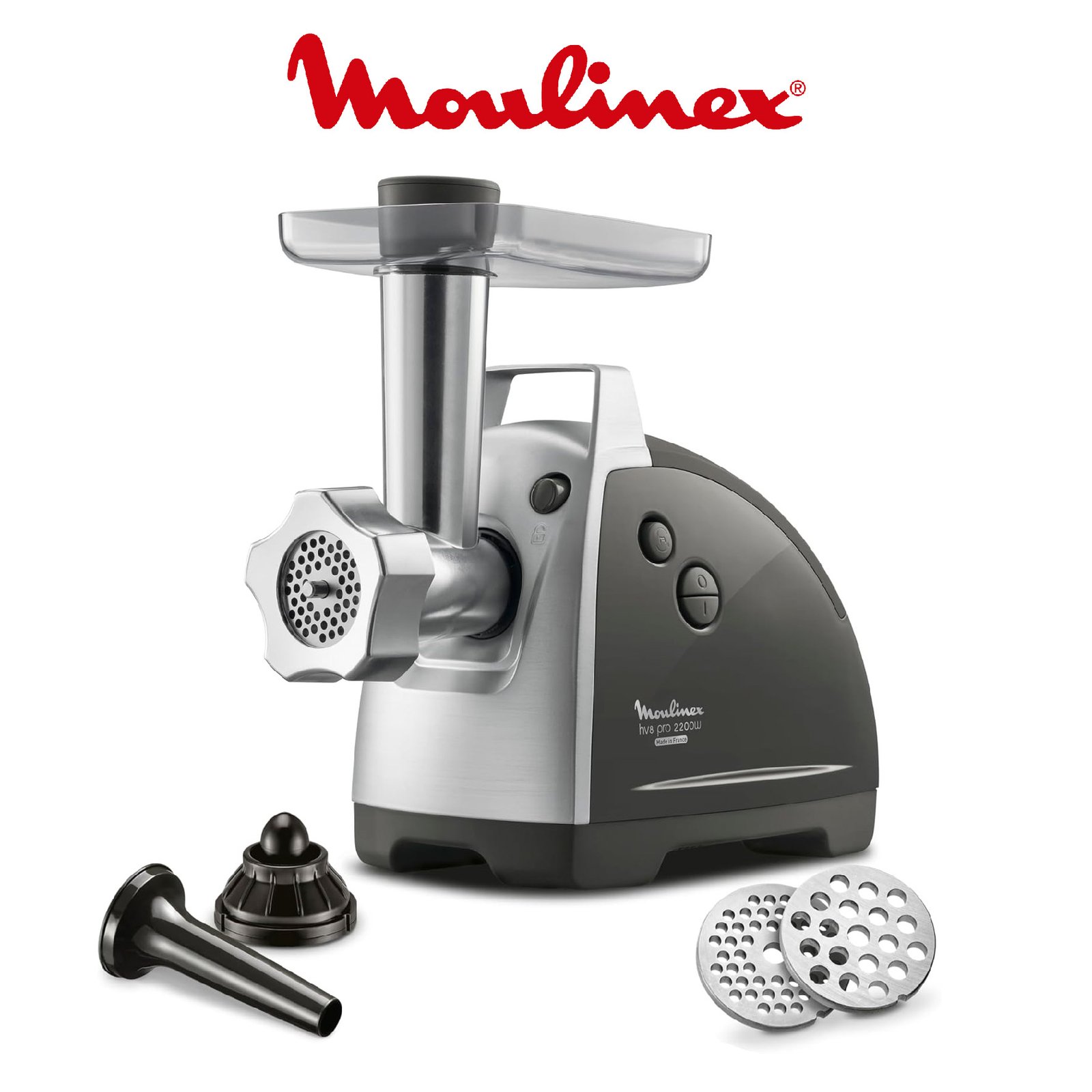 Moulinex Hachoir à Viande HV8 Hachoir Electrique 2200W 2 Grilles de Broyage Accessoires pour Kebbés et Saucisses Argent ME686832