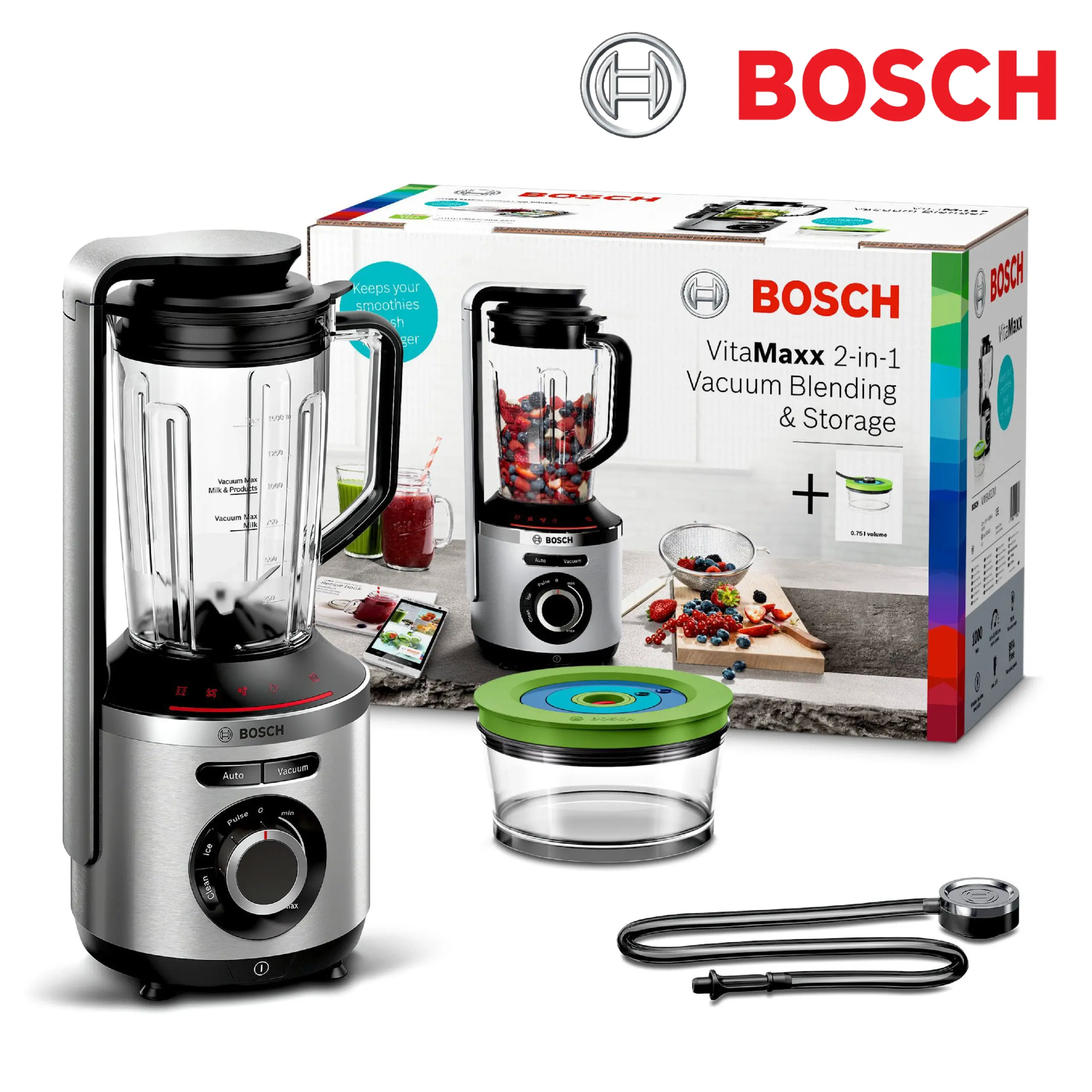 Bosch Blender sous vide VitaPower Série 8 – Grande préservation des vitamines – Gourde to go avec valve sous-vide – 1,5 L – 1000W -MMBV622M