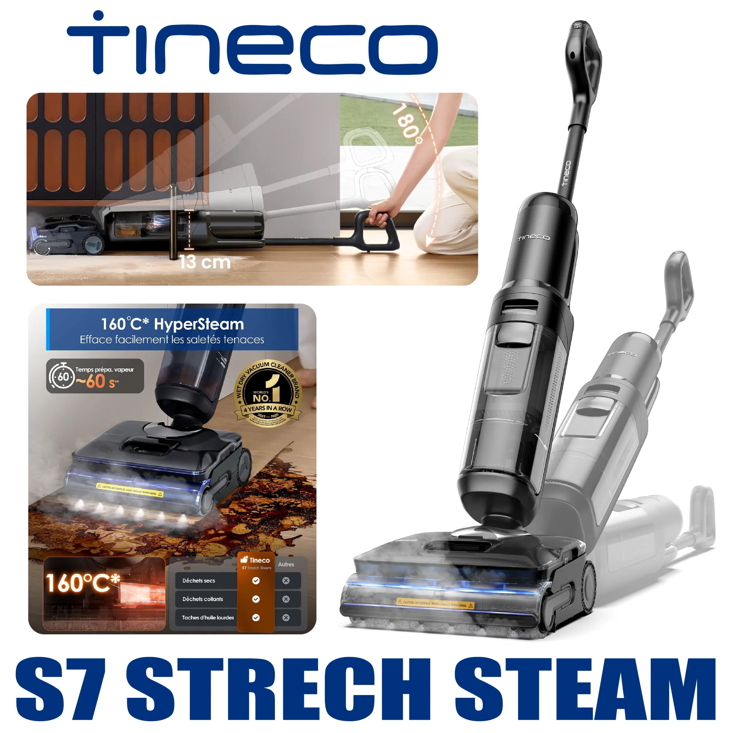 Tineco S7 Stretch Steam Nettoyeur Vapeur, Aspirateur Balai Vapeur sans Fil 2 en 1, 160℃ HyperSteam, 180° Pose à Plat