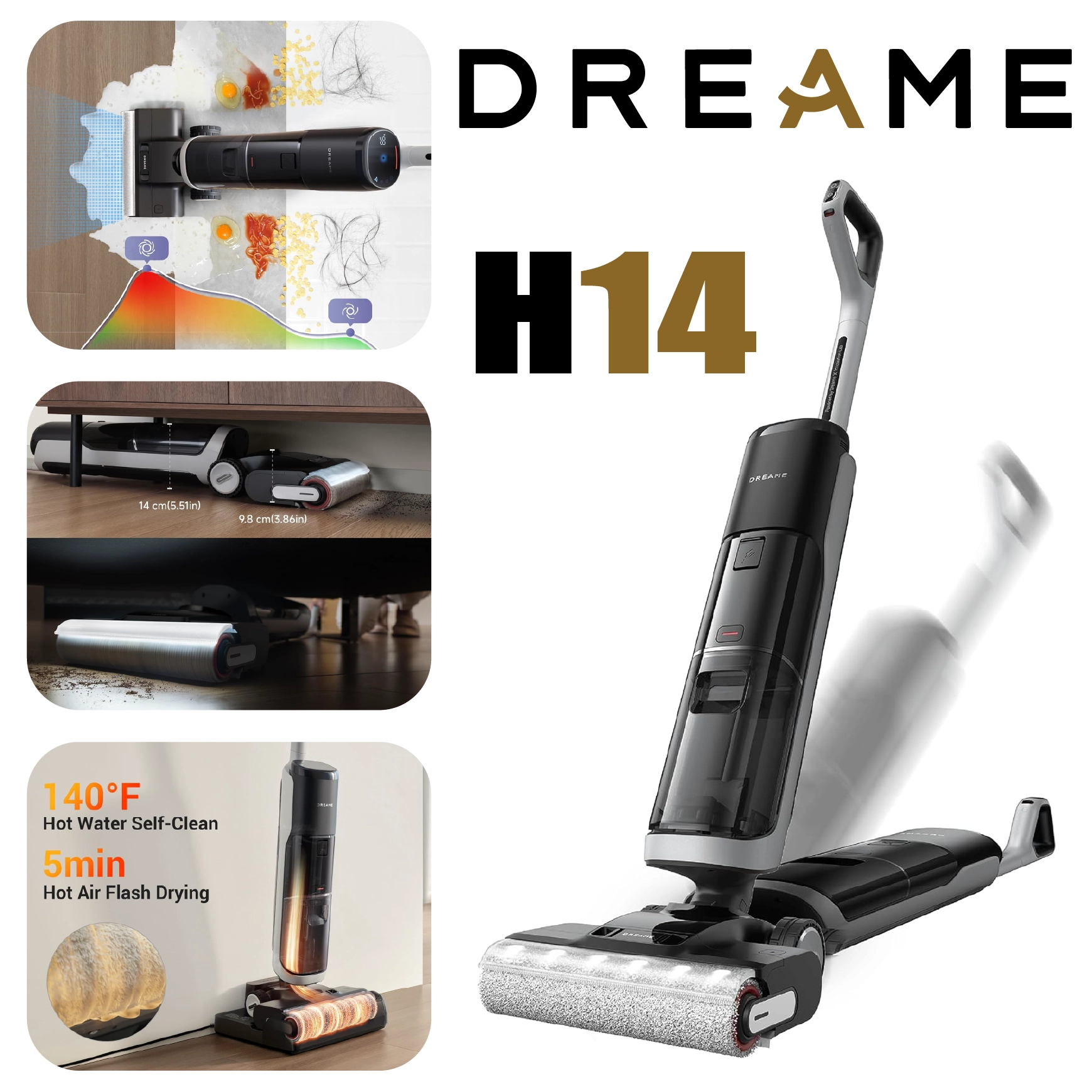 Dreame H14 Aspirateur Laveur Portée à plat à 180°