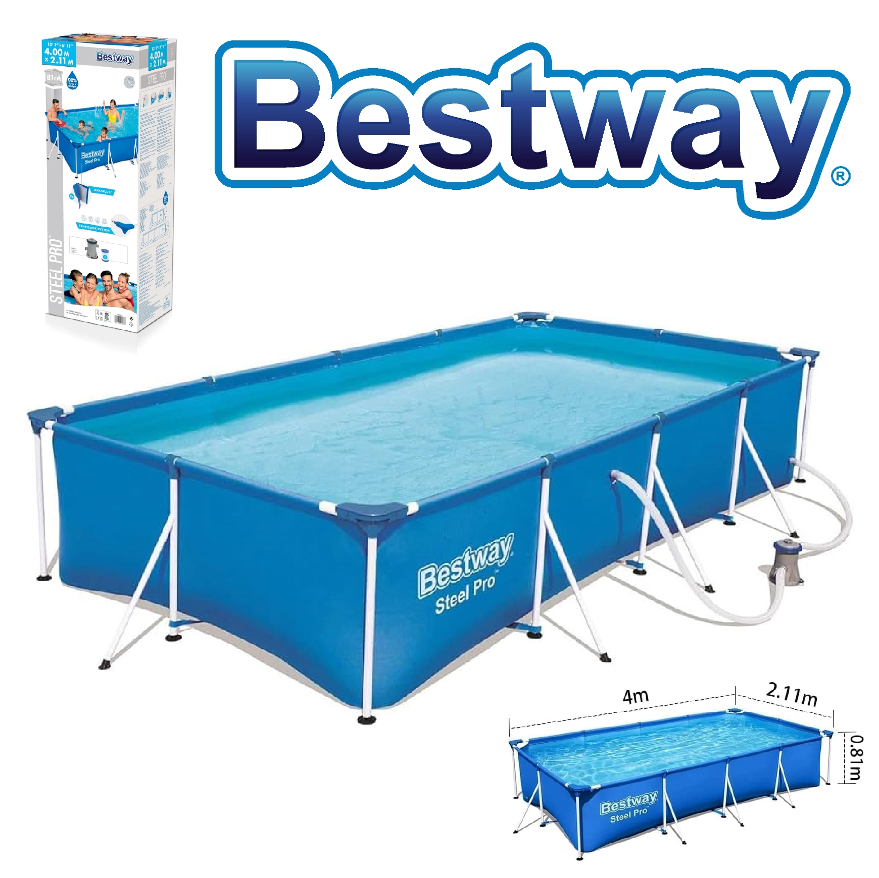 Bestway Piscine Hors Sol ‎Rectangulaire 400 x 211 x 81 cm Avec Filtre à Cartouche Steel Pro-56424