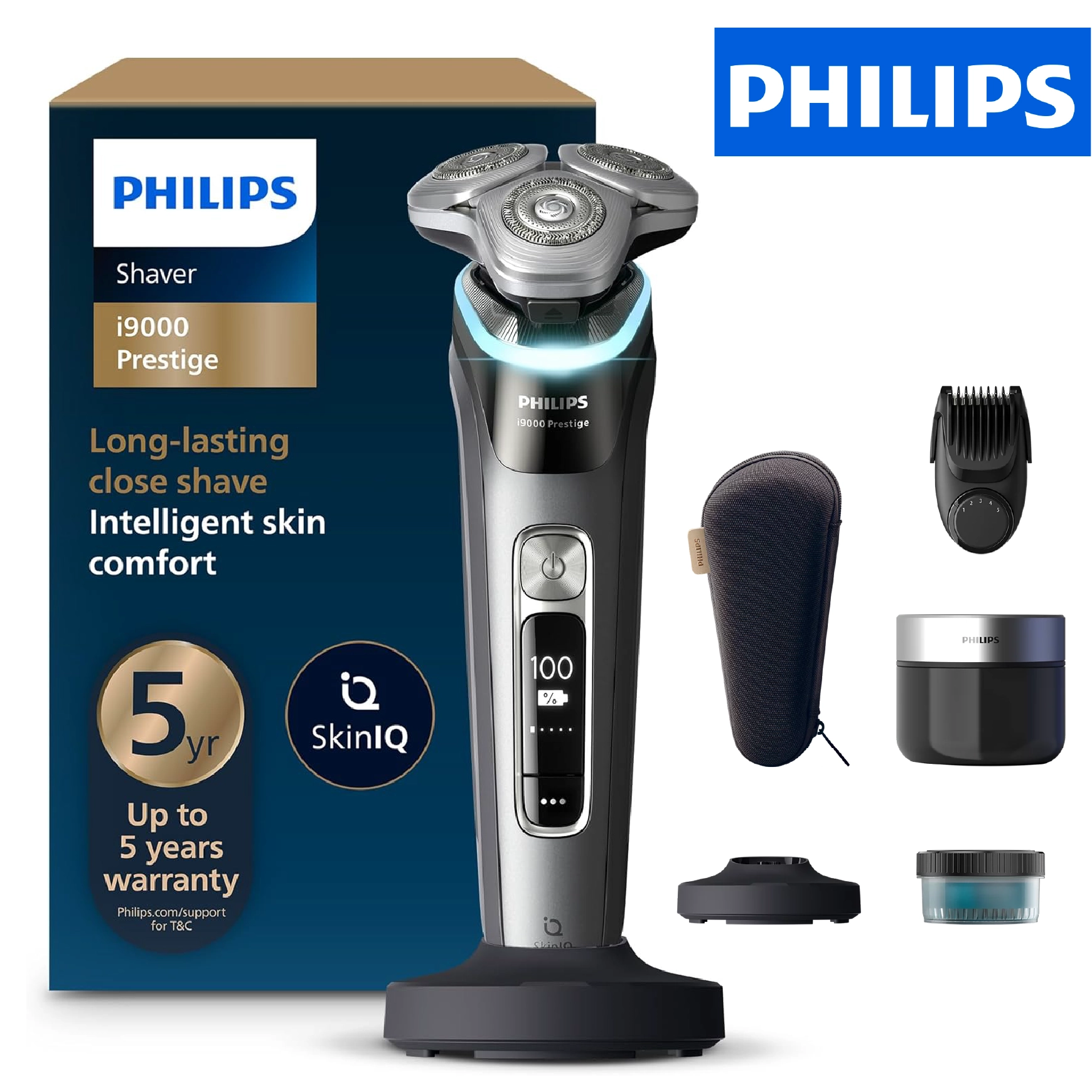PHILIPS Rasoir électrique 100 % étanche avec SkinIQ i9000 Prestige