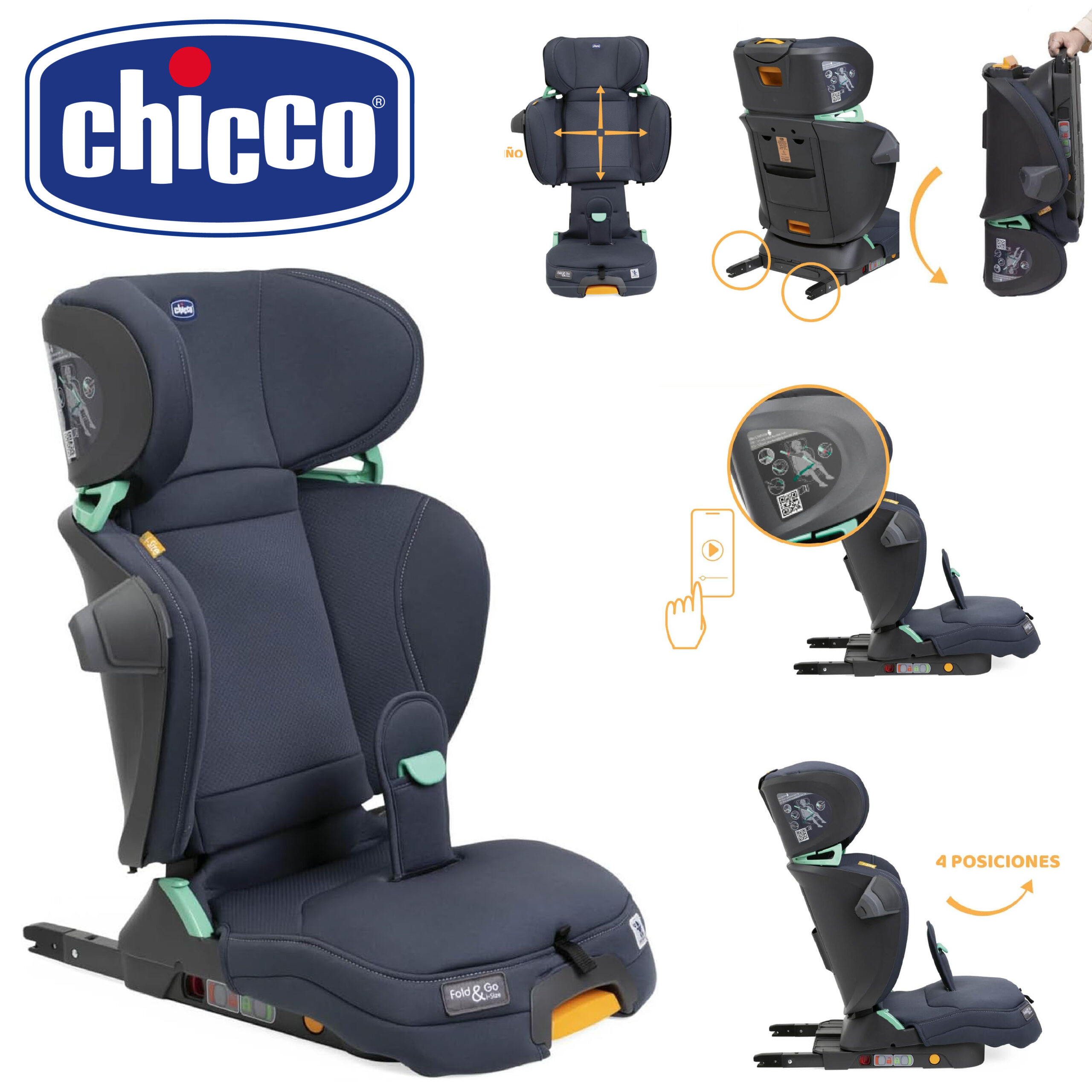 Chicco Siège auto Fold&Go I-Size 15-36 kg avec connecteurs rigides ISOFIX, groupe 2/3 pour enfants 3-12 ans
